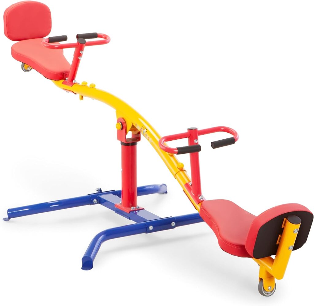 gym dandy Spinning Teeter Totter - Impact Absorbing Kids Playground Equipment - 360 Degree Rotation, Red, Yellow  Blue, 99 Inch, (TT360)