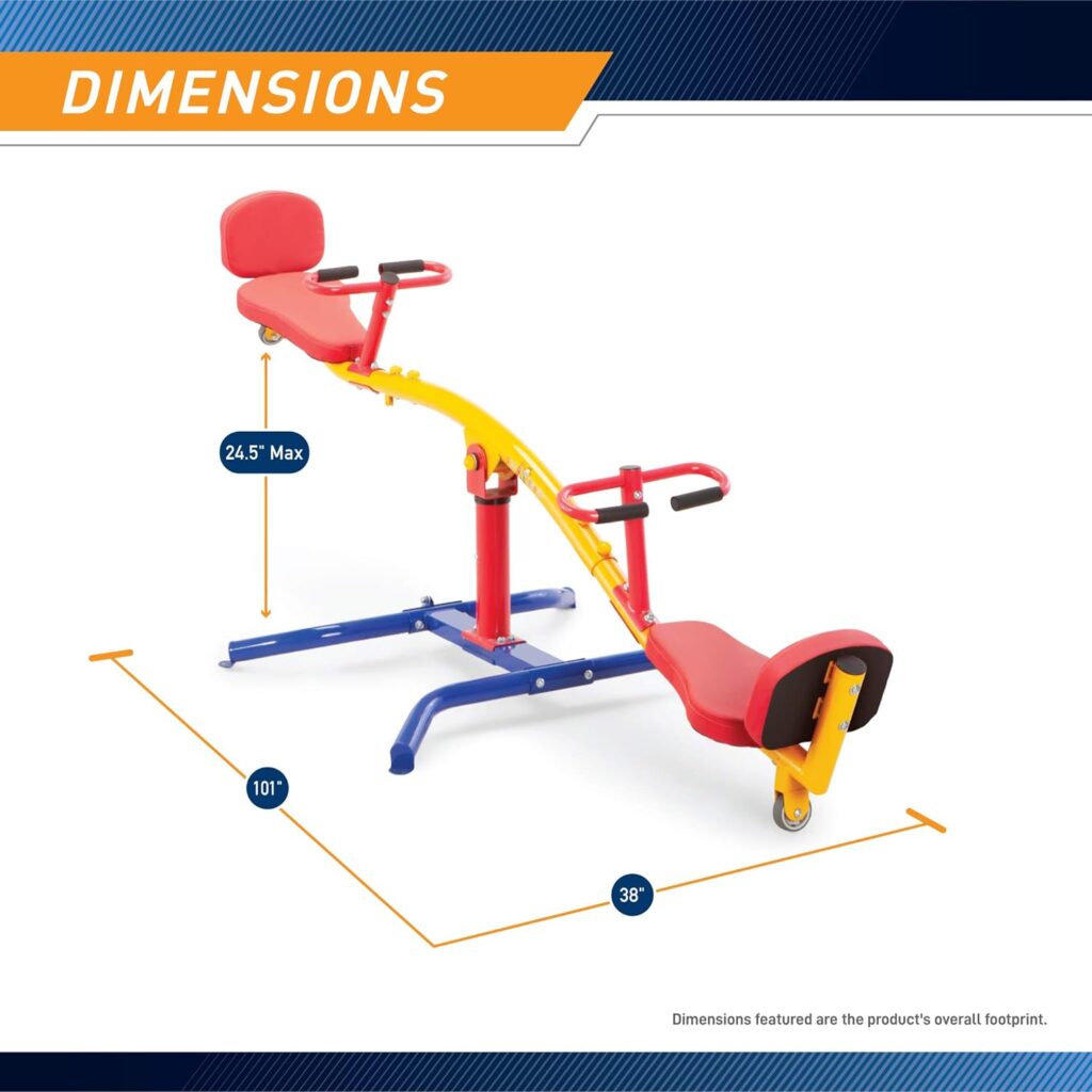 gym dandy Spinning Teeter Totter - Impact Absorbing Kids Playground Equipment - 360 Degree Rotation, Red, Yellow  Blue, 99 Inch, (TT360)