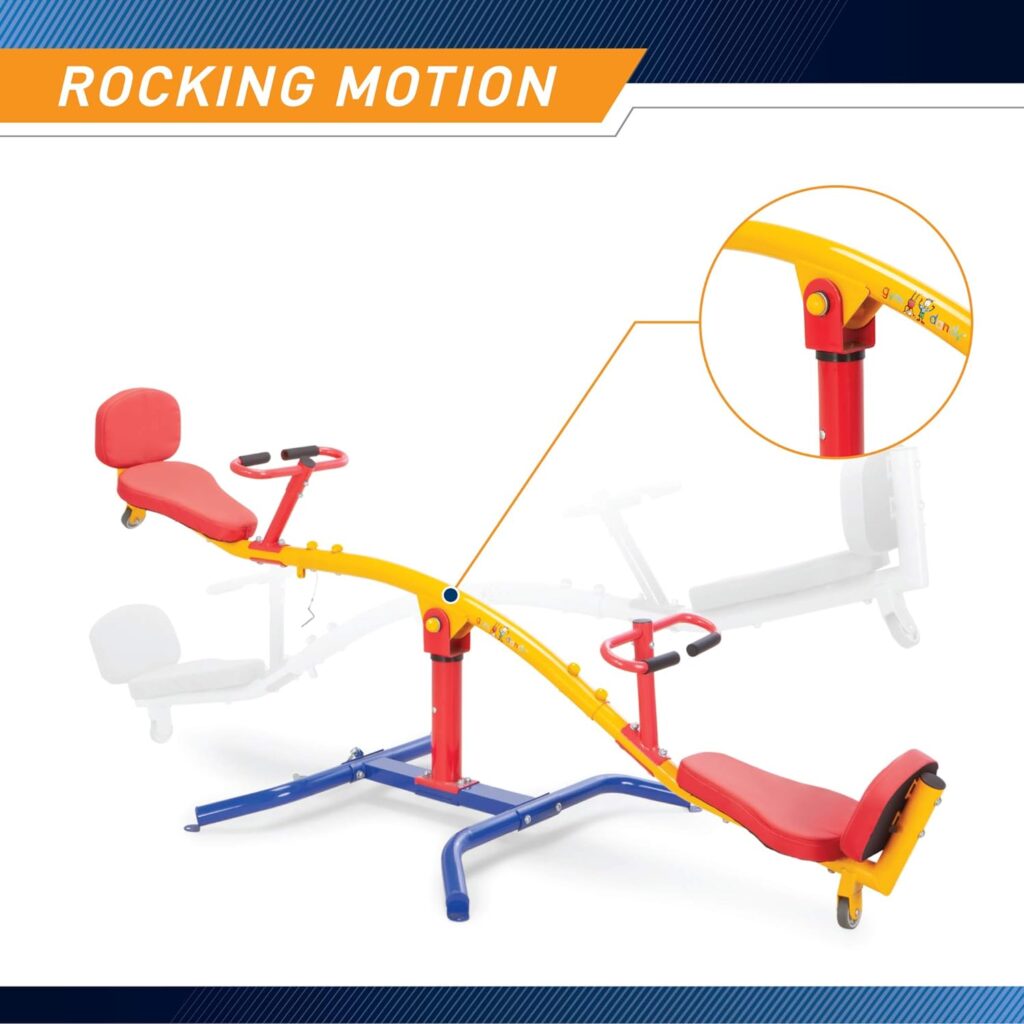 gym dandy Spinning Teeter Totter - Impact Absorbing Kids Playground Equipment - 360 Degree Rotation, Red, Yellow  Blue, 99 Inch, (TT360)