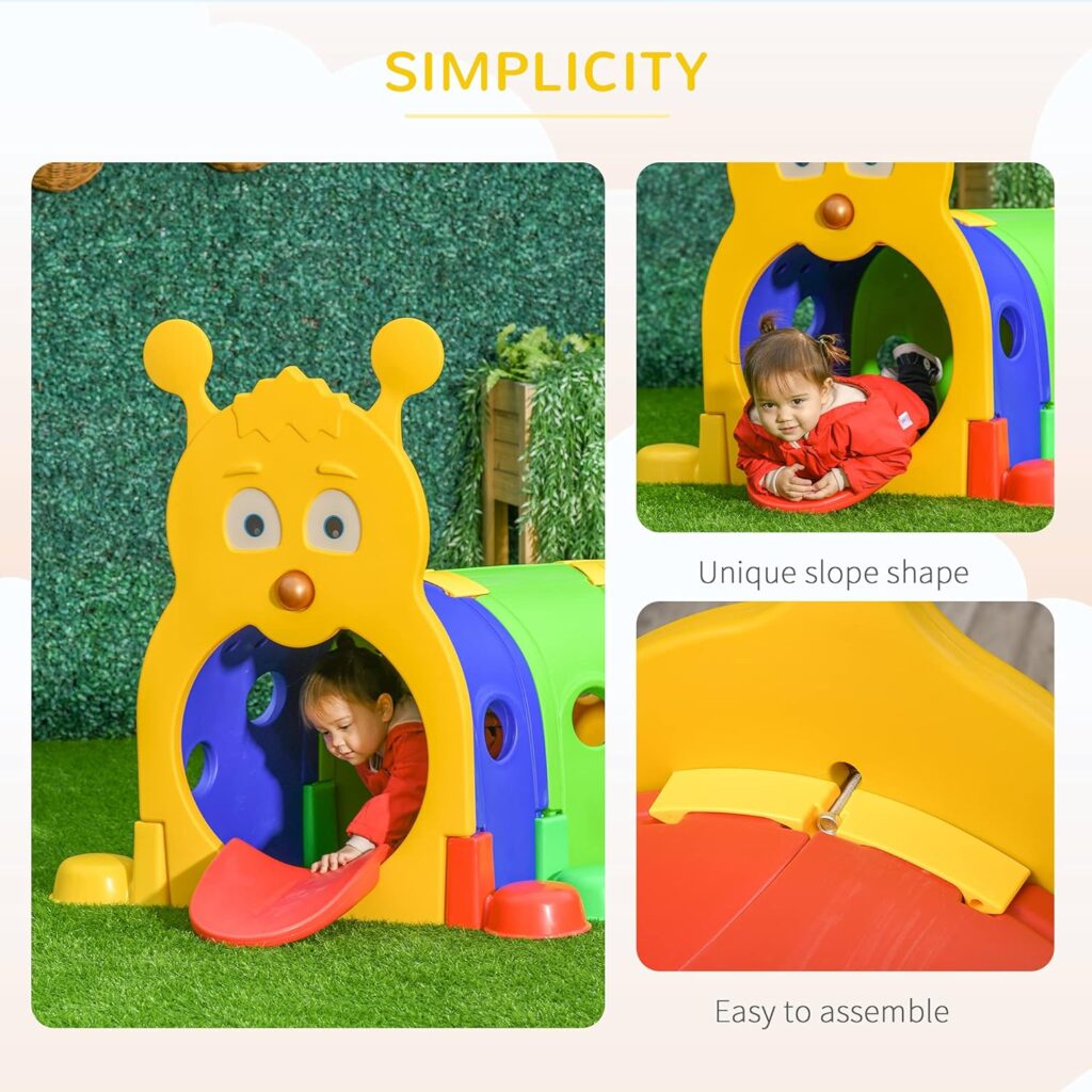 Qaba Kids Caterpillar Tunnel Outdoor Indoor Climb-N-Crawl Play Equipment for 3-6 Years Old, 6 Sections, for Daycare, Preschool, Playground, Multicolor