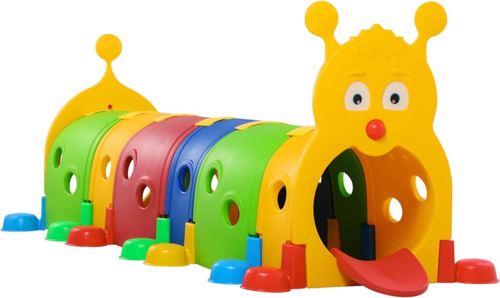 Qaba Kids Caterpillar Tunnel Outdoor Indoor Climb-N-Crawl Play Equipment for 3-6 Years Old, 6 Sections, for Daycare, Preschool, Playground, Multicolor