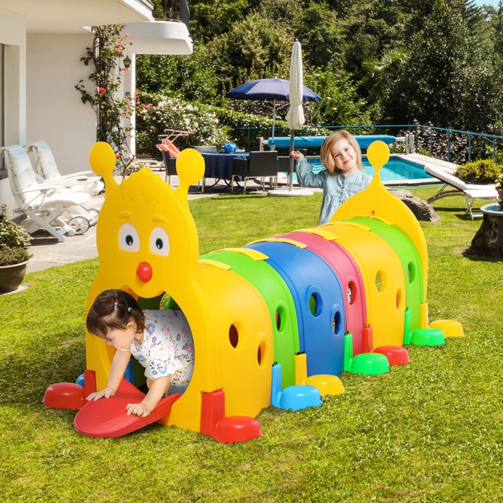 Qaba Kids Caterpillar Tunnel Outdoor Indoor Climb-N-Crawl Play Equipment for 3-6 Years Old, 6 Sections, for Daycare, Preschool, Playground, Multicolor