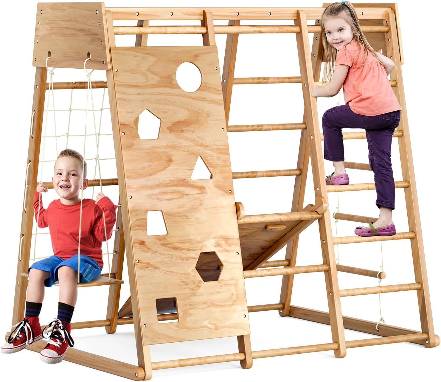 All-in-1 Kids Indoor Playground Jungle Gym, Toddler Climbing Toys Indoor, Wooden Climber Playset with Swing, Rock Climb Wall, Slide, Monkey Bar, Wood  Rope Ladder, Climbing Net for Kids 2-8 Years