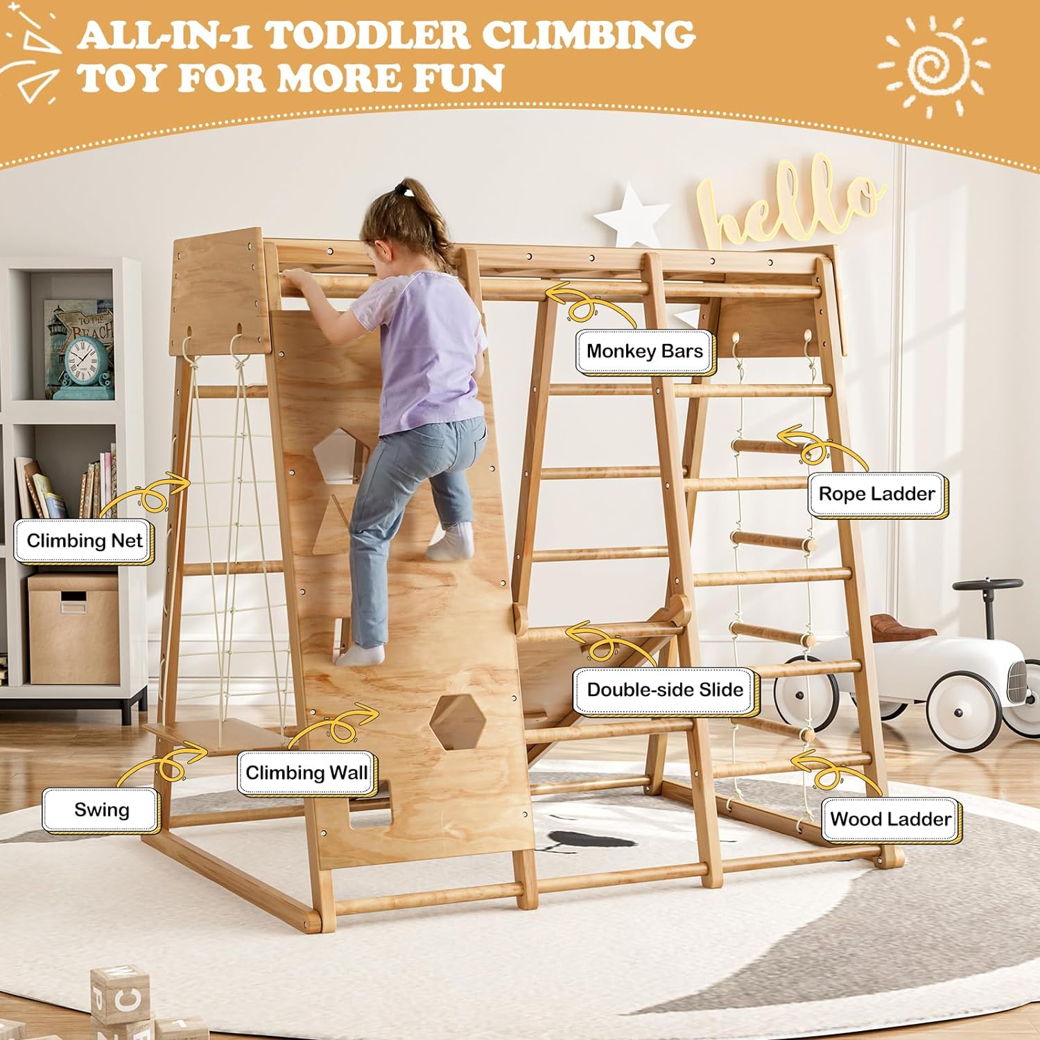 All-in-1 Kids Indoor Playground Jungle Gym, Toddler Climbing Toys Indoor, Wooden Climber Playset with Swing, Rock Climb Wall, Slide, Monkey Bar, Wood  Rope Ladder, Climbing Net for Kids 2-8 Years