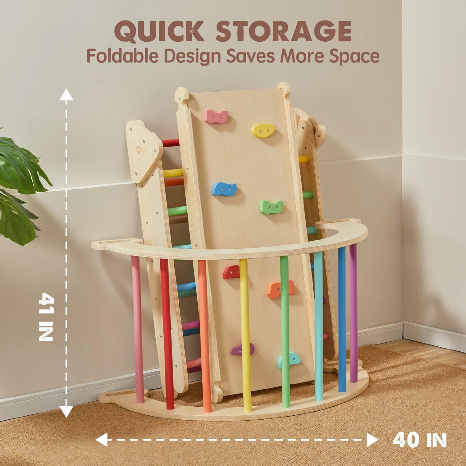 Tiny Land 5-in-1 Rainbow Pikler Triangle Set, Baby Climbing Toys Indoor Playground, Foldable Toddler Climbing Toys, Wooden Montessori Climbing Set for 2+ Years Old, Jungle Gym for Kids