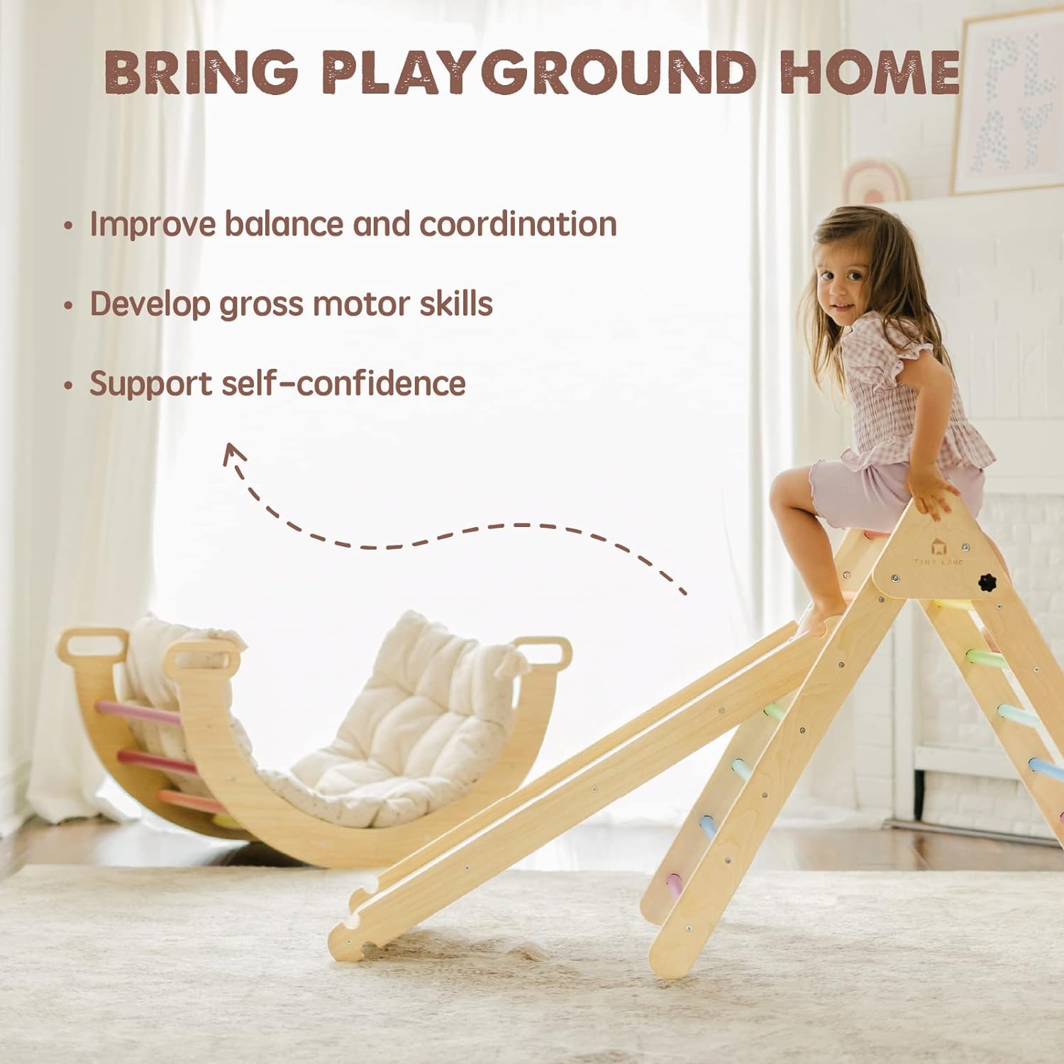 Tiny Land 5-in-1 Rainbow Pikler Triangle Set, Baby Climbing Toys Indoor Playground, Foldable Toddler Climbing Toys, Wooden Montessori Climbing Set for 2+ Years Old, Jungle Gym for Kids