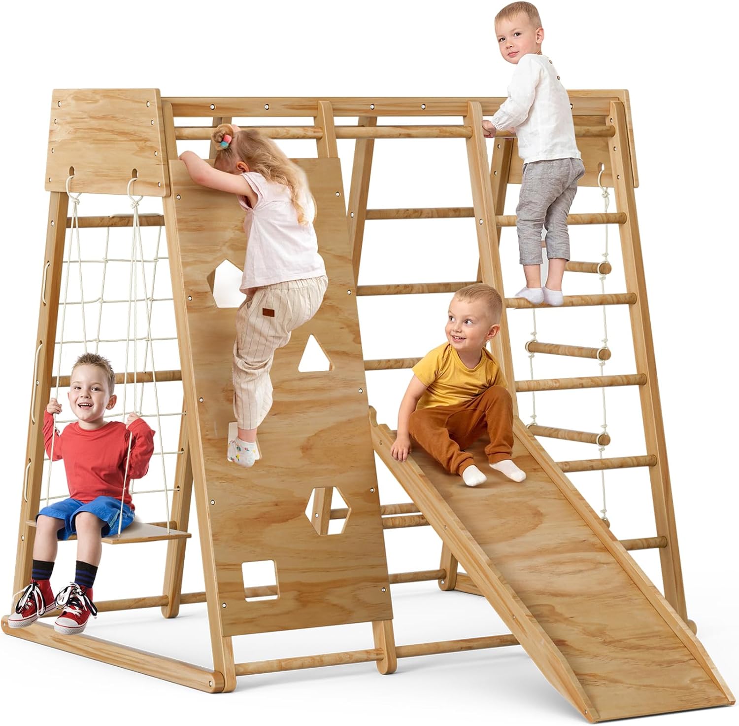 Amictoy 8-in-1 Wooden Indoor Playground for Kids - With Slide, Swing, Net and Rope Climbing, Ladders, Monkey Bars