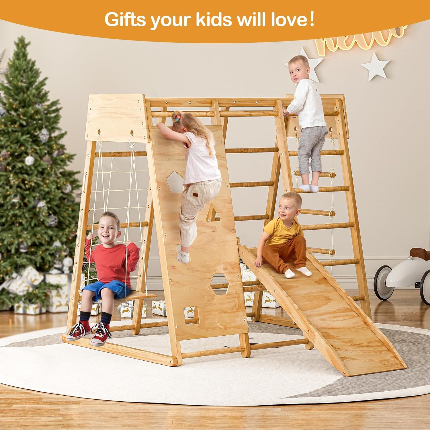 Amictoy 8-in-1 Wooden Indoor Playground for Kids - With Slide, Swing, Net and Rope Climbing, Ladders, Monkey Bars