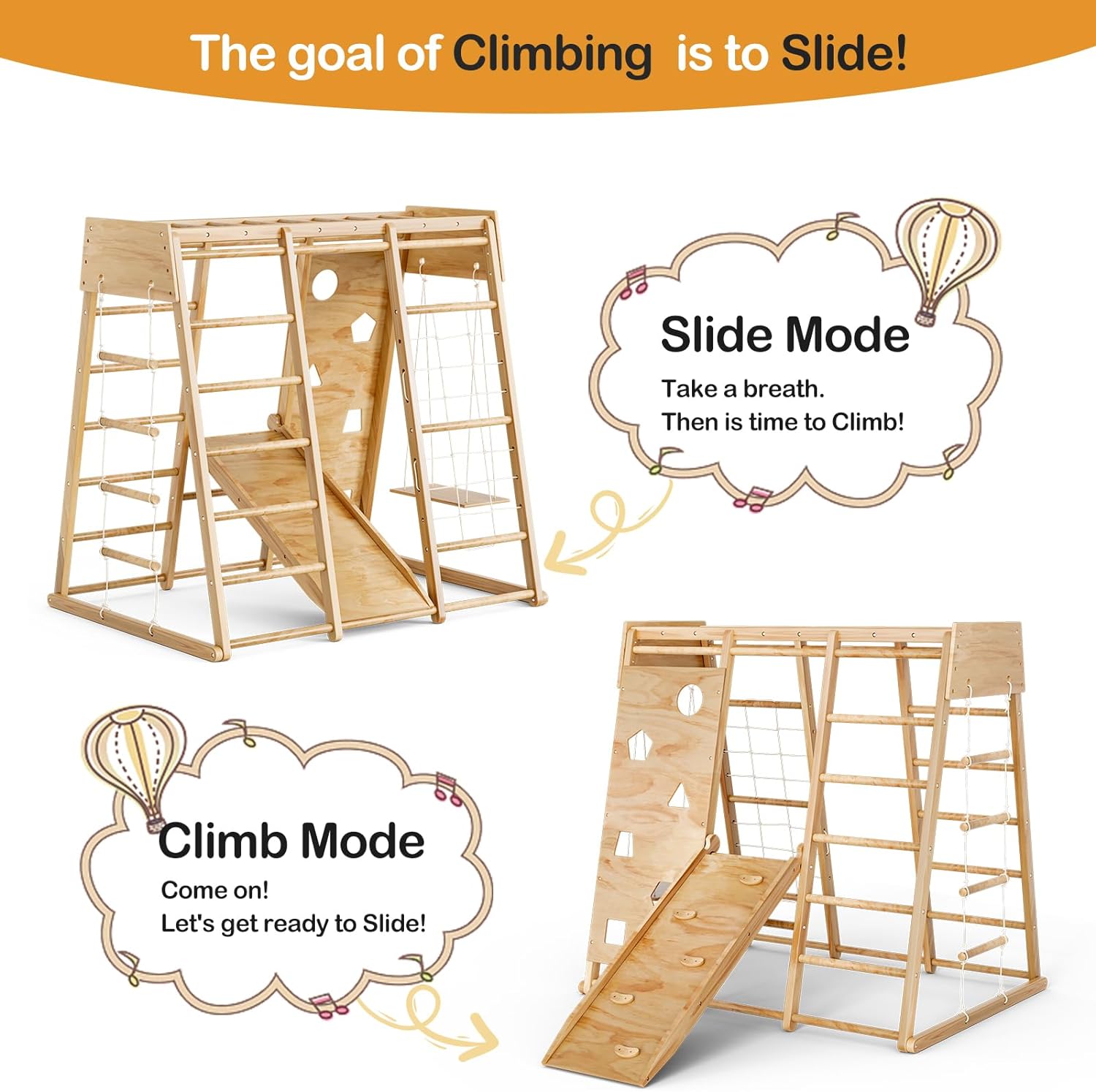Amictoy 8-in-1 Wooden Indoor Playground for Kids - With Slide, Swing, Net and Rope Climbing, Ladders, Monkey Bars