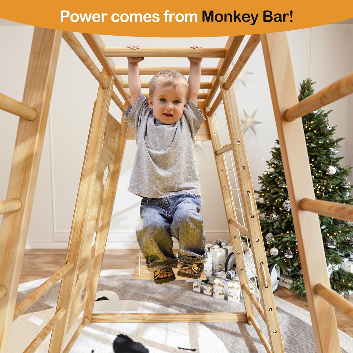 Amictoy 8-in-1 Wooden Indoor Playground for Kids - With Slide, Swing, Net and Rope Climbing, Ladders, Monkey Bars