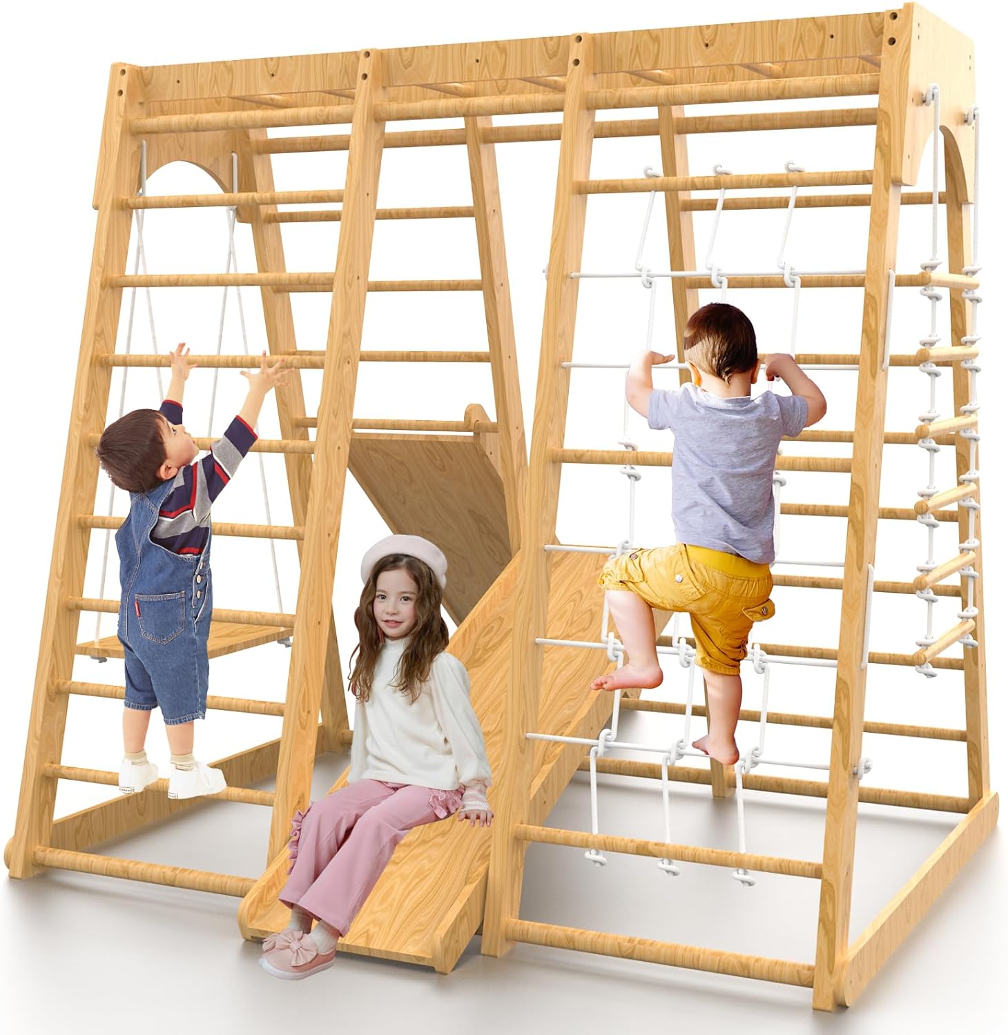 Baby Climbing Toys Indoor, 66inch Indoor Jungle Gym, Toddler Indoor Playground Set 8-in-1 with Armband, Swing, Monkey Bar, Slide, Rock Climb Wall, Wood  Rope Ladder, Rope Wall Ladder for Kids 1-8yrs