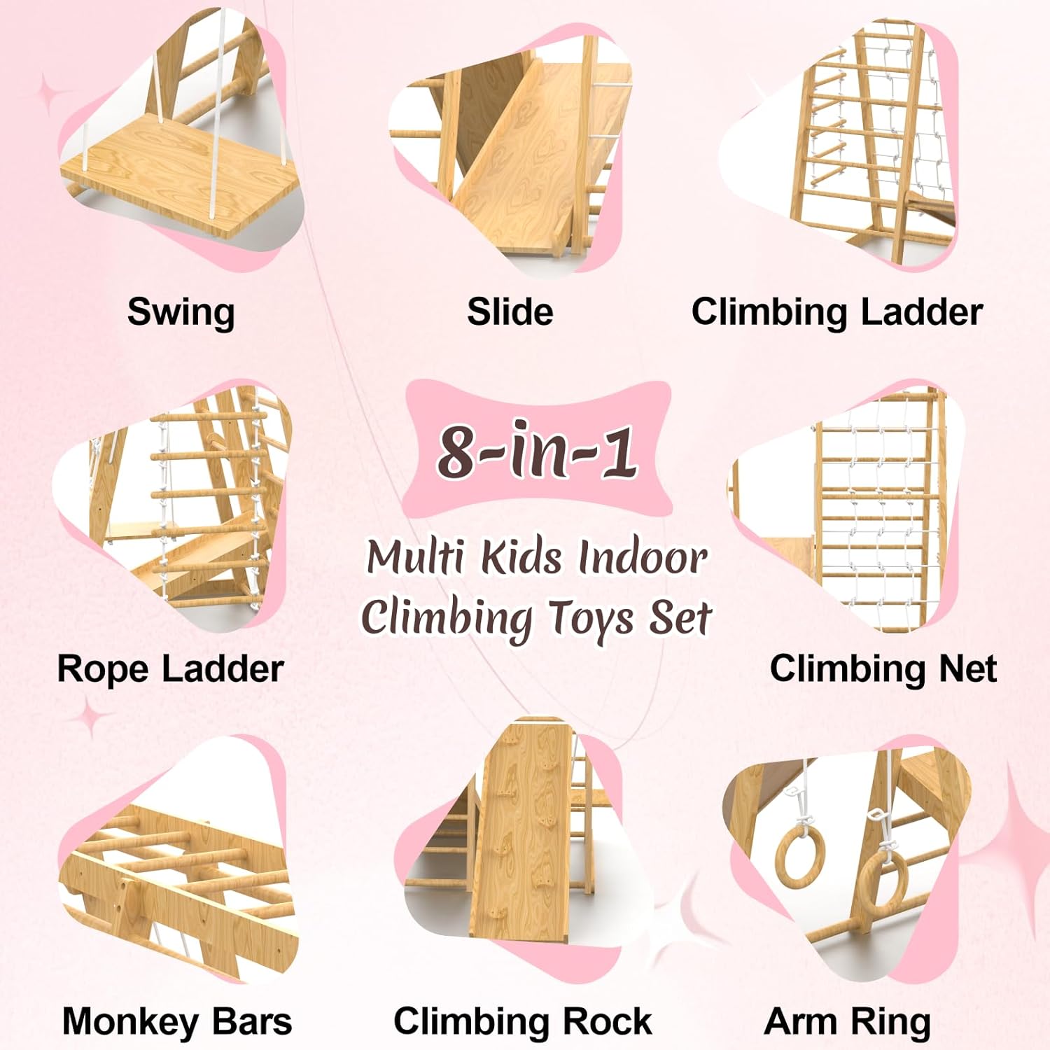 Baby Climbing Toys Indoor, 66inch Indoor Jungle Gym, Toddler Indoor Playground Set 8-in-1 with Armband, Swing, Monkey Bar, Slide, Rock Climb Wall, Wood  Rope Ladder, Rope Wall Ladder for Kids 1-8yrs