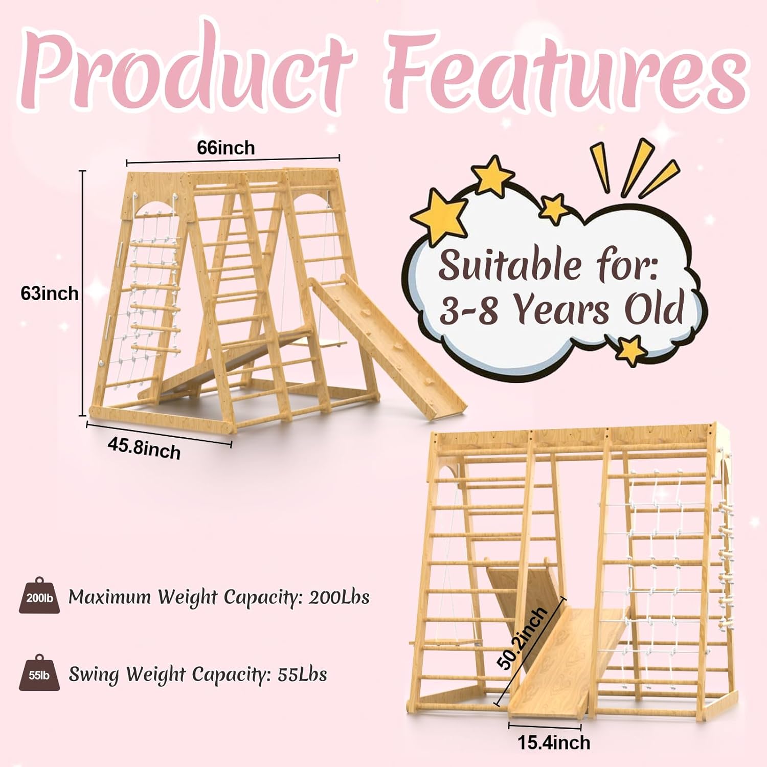 Baby Climbing Toys Indoor, 66inch Indoor Jungle Gym, Toddler Indoor Playground Set 8-in-1 with Armband, Swing, Monkey Bar, Slide, Rock Climb Wall, Wood  Rope Ladder, Rope Wall Ladder for Kids 1-8yrs