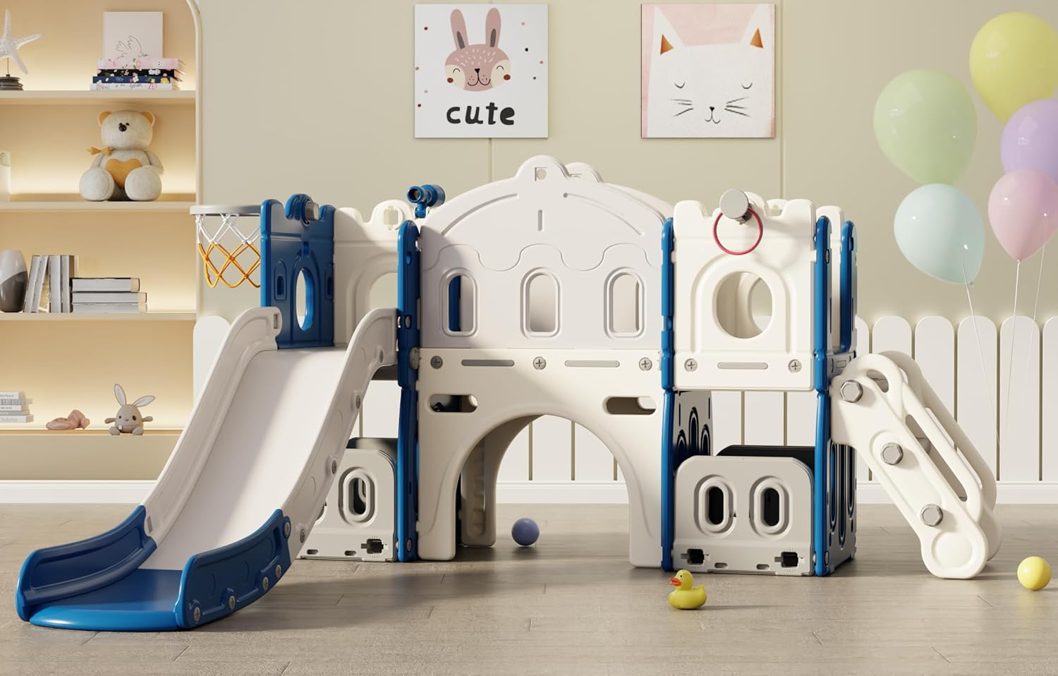 BIERUM 8 in 1 Toddler Slide, Kids Slide for Toddlers Age 1+ with Extra Long Aisle, Storage Space, Ring Toss and Basketball, Outdoor Indoor Slide Playset Toddler Playground Easy Assembly