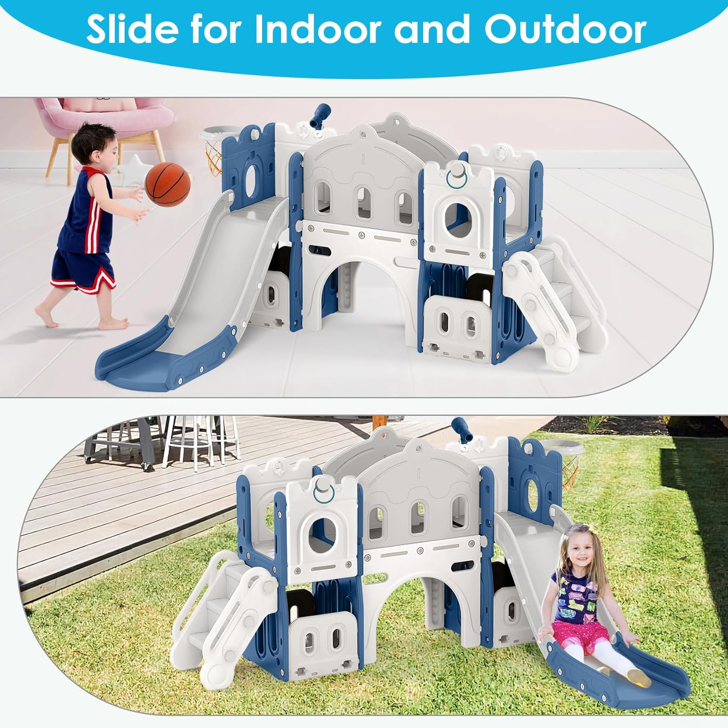 BIERUM 8 in 1 Toddler Slide, Kids Slide for Toddlers Age 1+ with Extra Long Aisle, Storage Space, Ring Toss and Basketball, Outdoor Indoor Slide Playset Toddler Playground Easy Assembly