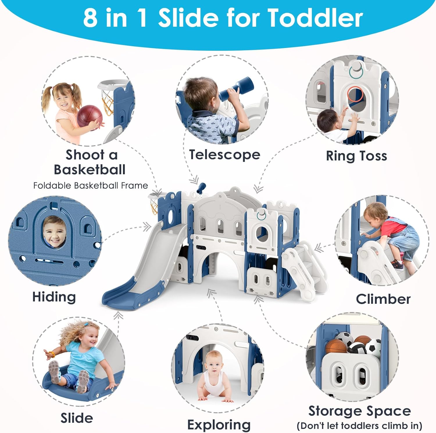 BIERUM 8 in 1 Toddler Slide, Kids Slide for Toddlers Age 1+ with Extra Long Aisle, Storage Space, Ring Toss and Basketball, Outdoor Indoor Slide Playset Toddler Playground Easy Assembly