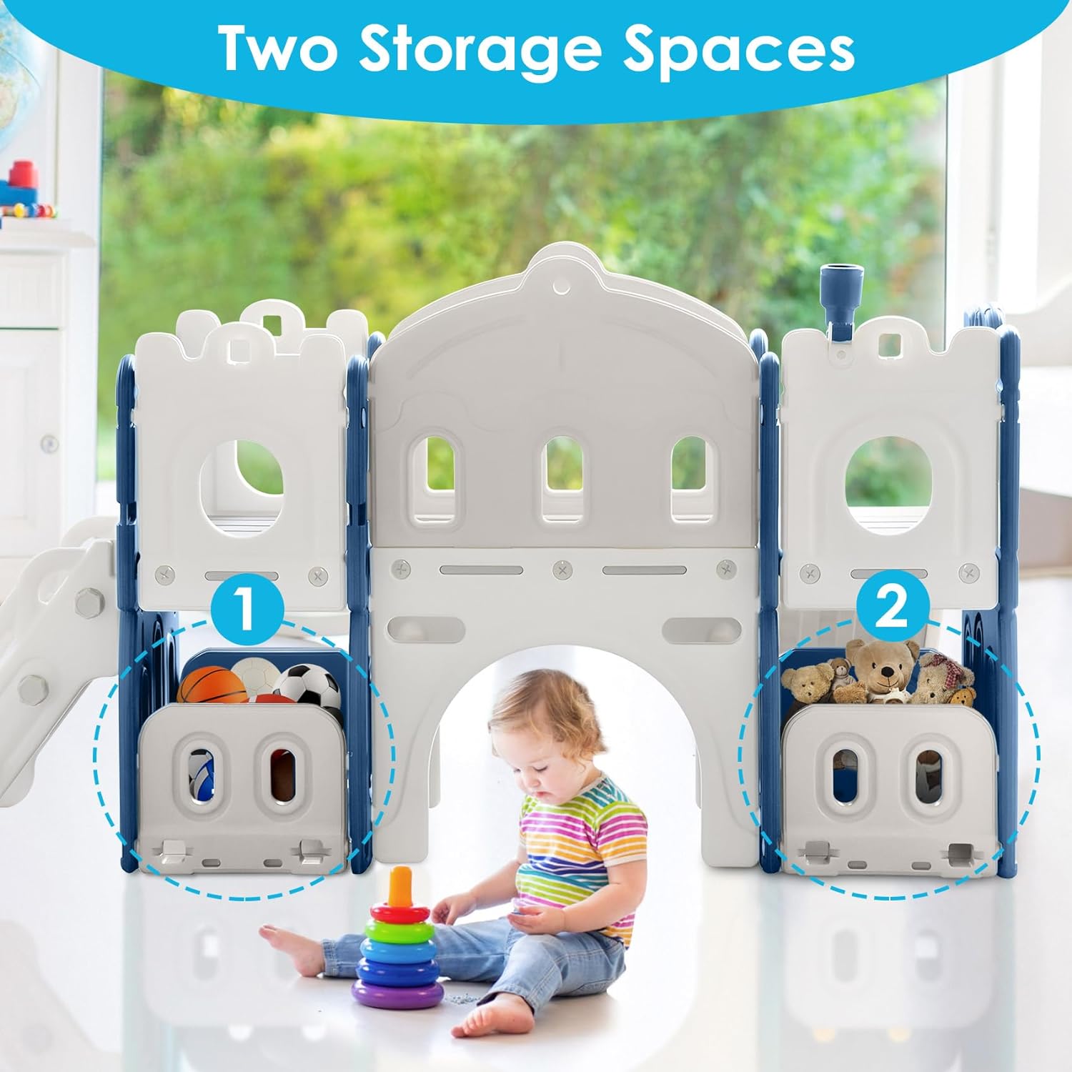 BIERUM 8 in 1 Toddler Slide, Kids Slide for Toddlers Age 1+ with Extra Long Aisle, Storage Space, Ring Toss and Basketball, Outdoor Indoor Slide Playset Toddler Playground Easy Assembly