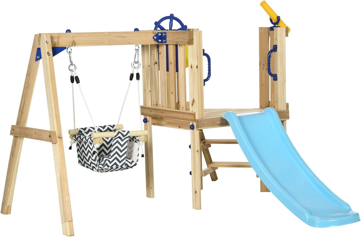 Outsunny 3 in 1 Wooden Swing Set Outdoor Playset with Baby Swing Seat, Toddler Slide, Captains Wheel, Telescope, Kids Backyard Playground Equipment, Ages 1.5-4