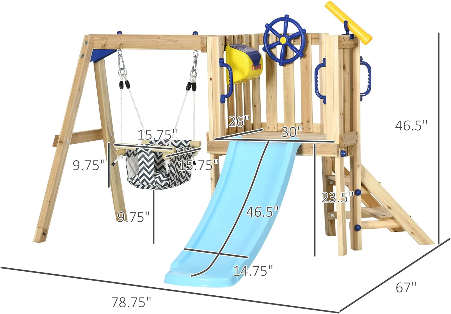 Outsunny 3 in 1 Wooden Swing Set Outdoor Playset with Baby Swing Seat, Toddler Slide, Captains Wheel, Telescope, Kids Backyard Playground Equipment, Ages 1.5-4