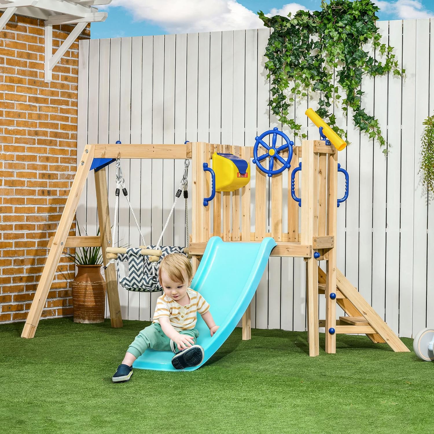 Outsunny 3 in 1 Wooden Swing Set Outdoor Playset with Baby Swing Seat, Toddler Slide, Captains Wheel, Telescope, Kids Backyard Playground Equipment, Ages 1.5-4