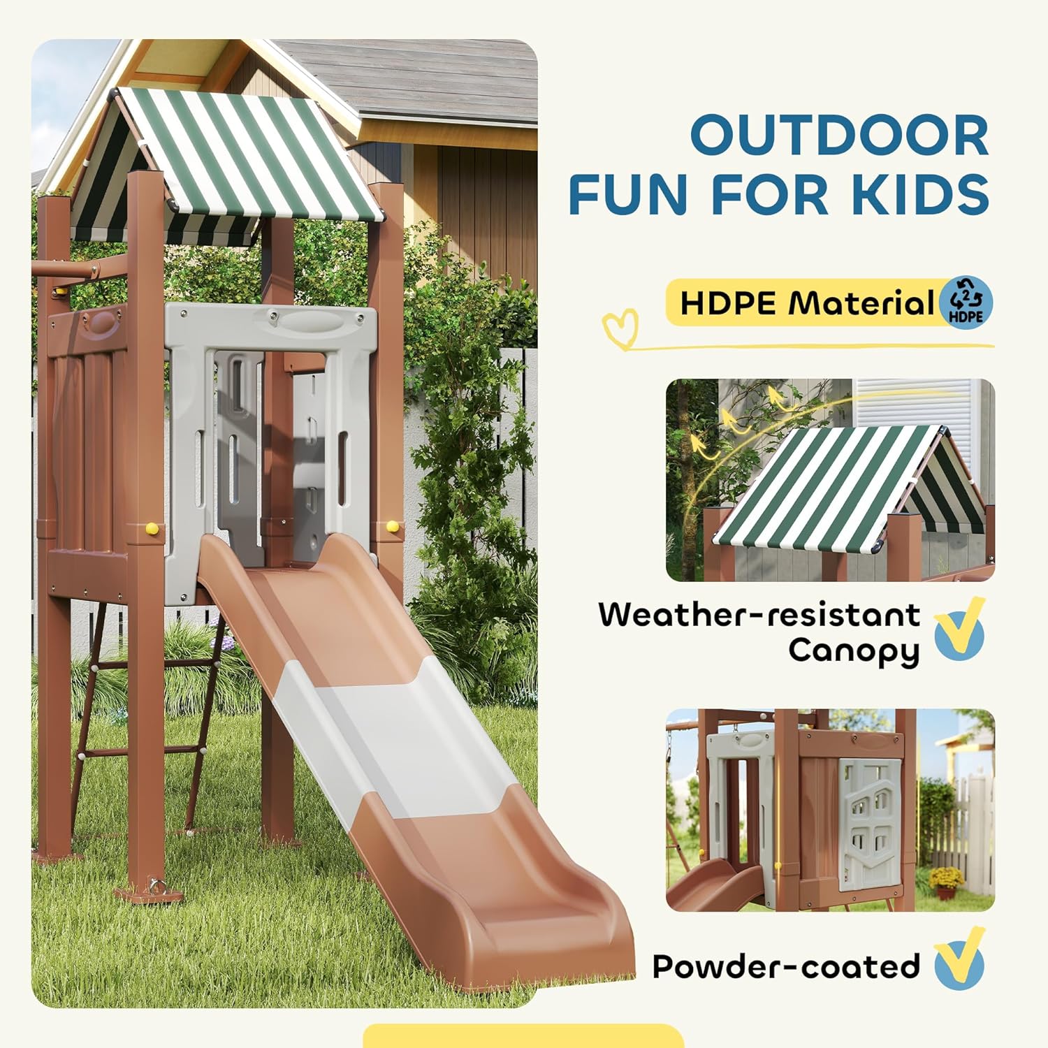 Qaba Kids Swing Set for Backyard, Playground Set with 6 FT Slide, 2 Adjustable Swings, Fort with Canopy, Ladder, Outdoor Playset with Ground Stakes for Ages 3-8, Brown