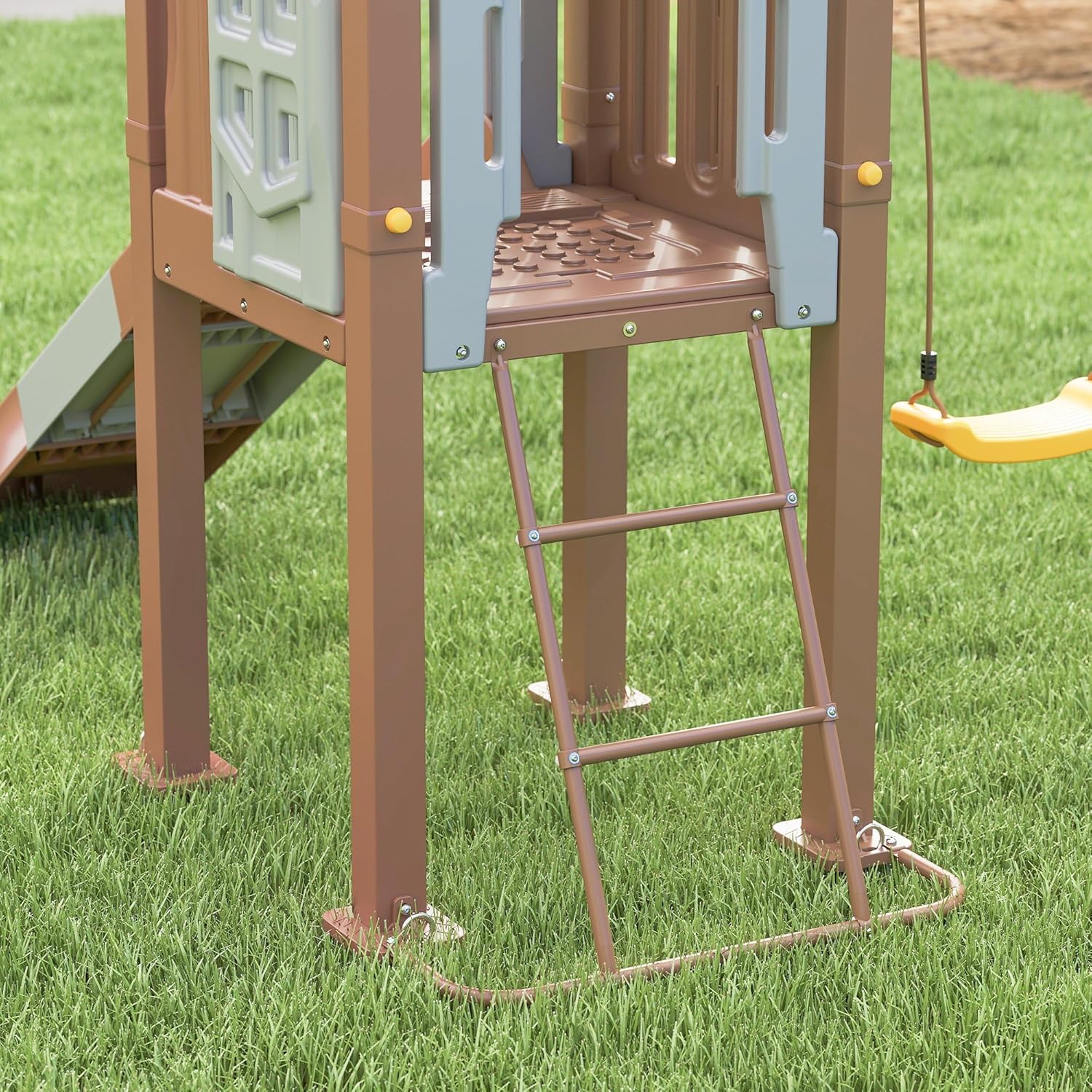 Qaba Kids Swing Set for Backyard, Playground Set with 6 FT Slide, 2 Adjustable Swings, Fort with Canopy, Ladder, Outdoor Playset with Ground Stakes for Ages 3-8, Brown