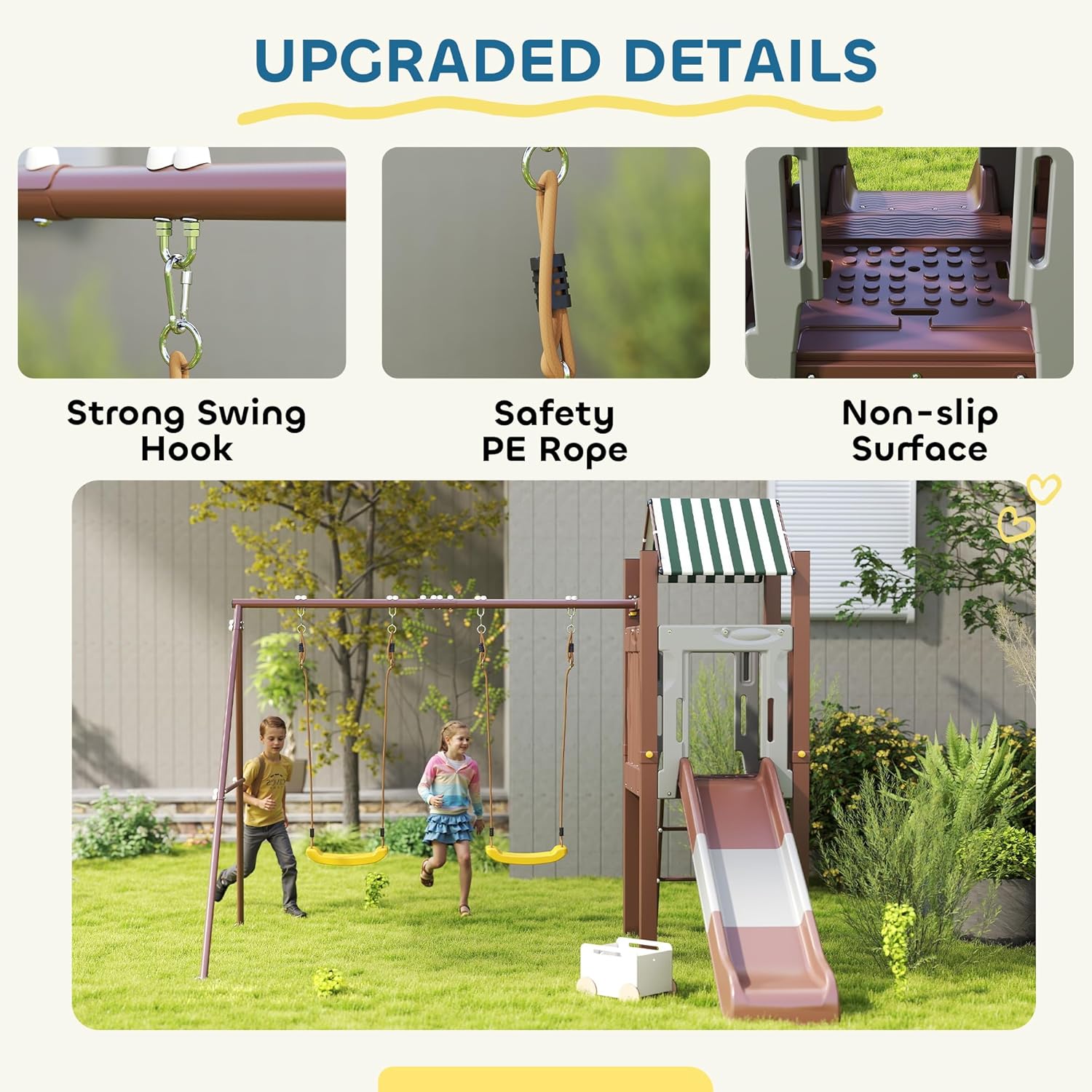 Qaba Kids Swing Set for Backyard, Playground Set with 6 FT Slide, 2 Adjustable Swings, Fort with Canopy, Ladder, Outdoor Playset with Ground Stakes for Ages 3-8, Brown