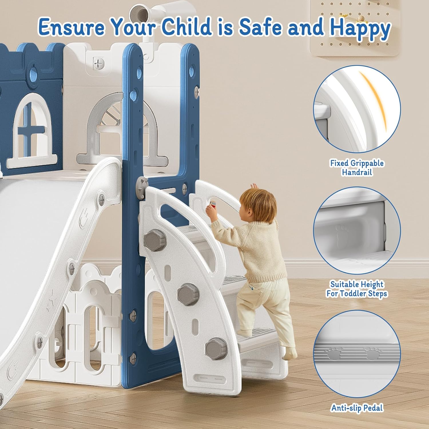 6 in 1 Toddler Slide for Toddler Age 1-3,Kids Climber Slider for Indoor Outdoor Playground with Basketball Hoop,Storage and Telescope,L Shaped Slide for Toddler Climber Playset