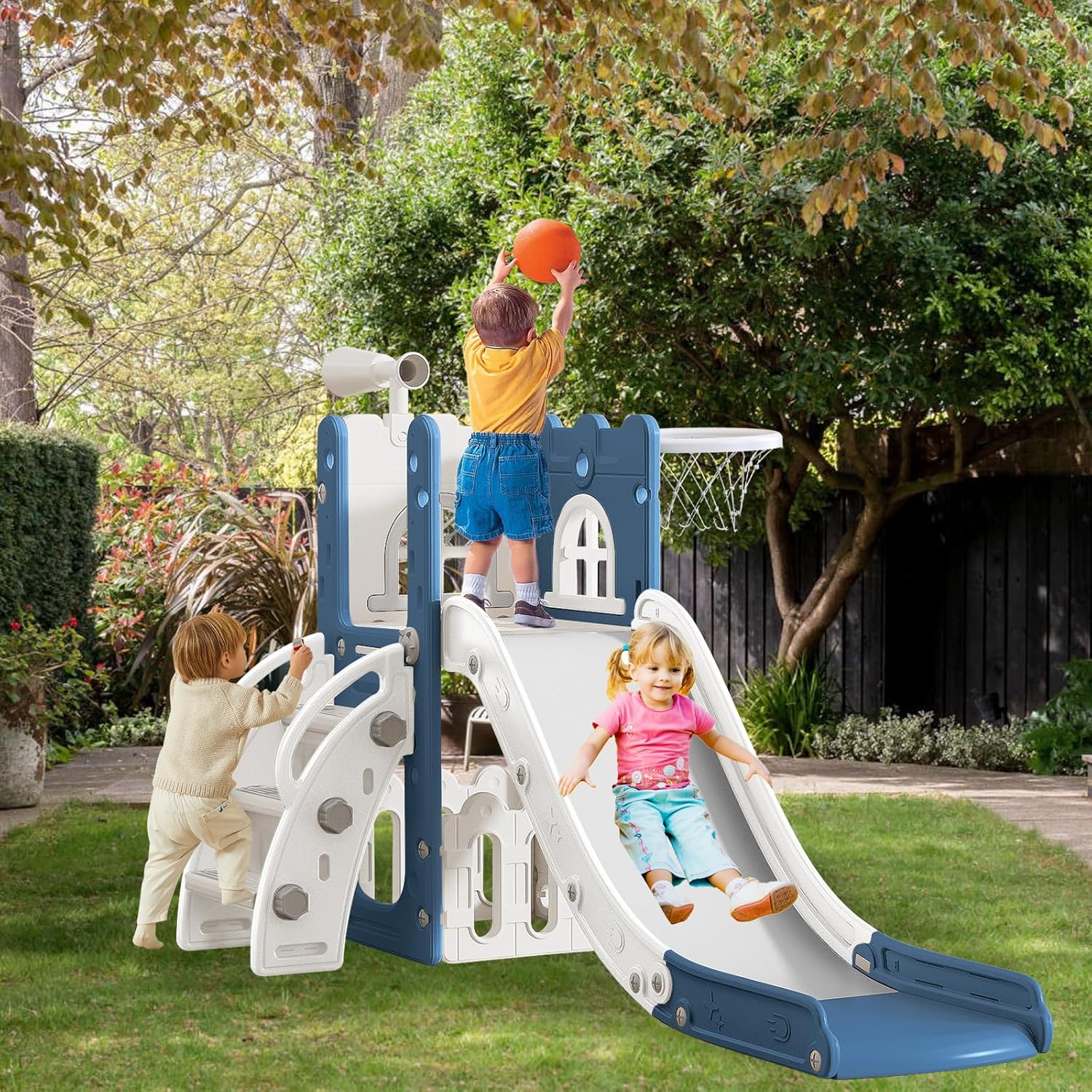 6 in 1 Toddler Slide for Toddler Age 1-3,Kids Climber Slider for Indoor Outdoor Playground with Basketball Hoop,Storage and Telescope,L Shaped Slide for Toddler Climber Playset