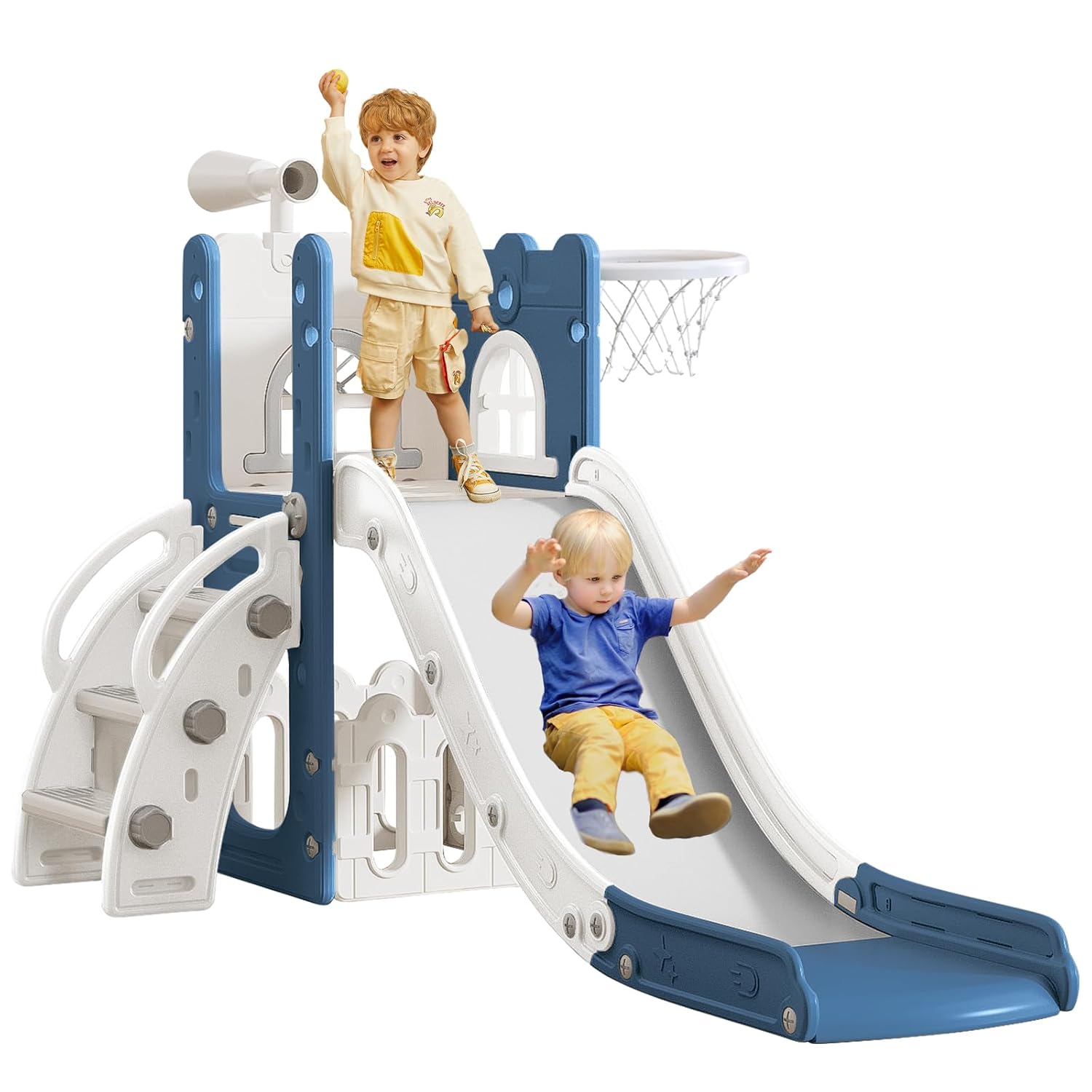 6 in 1 Toddler Slide for Toddler Age 1-3,Kids Climber Slider for Indoor Outdoor Playground with Basketball Hoop,Storage and Telescope,L Shaped Slide for Toddler Climber Playset