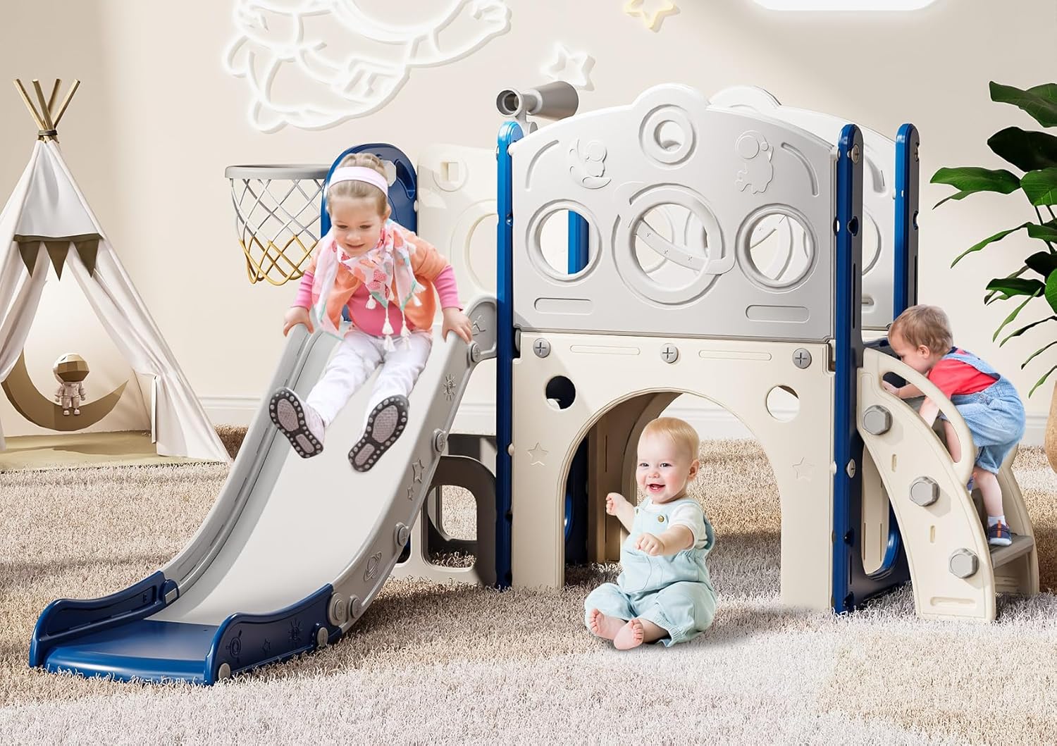 Babytronic Toddler Slide, 8 in 1 Kids Slide with Basketball Hoop, Telescope and Climber, Baby Slide Toddler Playground, Indoor Outdoor Playset for Toddlers Age 1-3, Kids Indoor Playground (WhiteGray)
