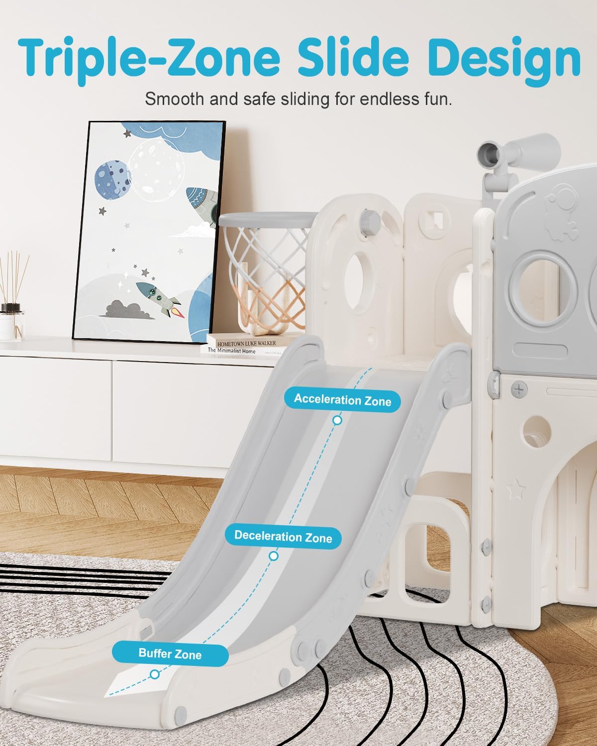 Babytronic Toddler Slide, 8 in 1 Kids Slide with Basketball Hoop, Telescope and Climber, Baby Slide Toddler Playground, Indoor Outdoor Playset for Toddlers Age 1-3, Kids Indoor Playground (WhiteGray)