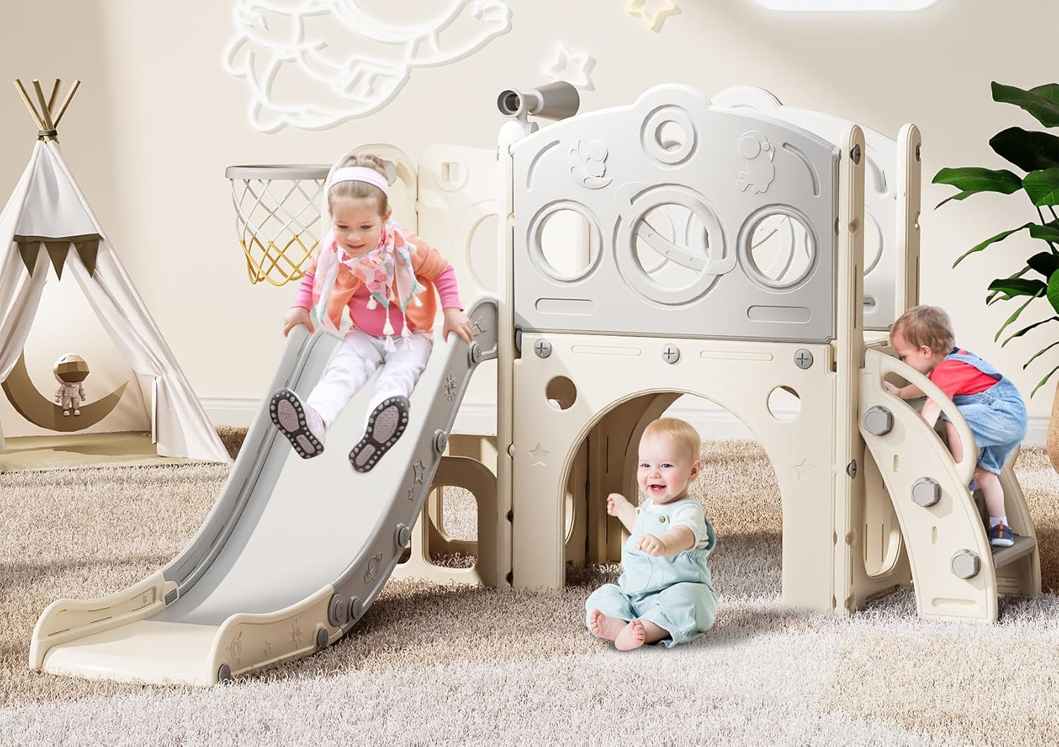 Babytronic Toddler Slide, 8 in 1 Kids Slide with Basketball Hoop, Telescope and Climber, Baby Slide Toddler Playground, Indoor Outdoor Playset for Toddlers Age 1-3, Kids Indoor Playground (WhiteGray)