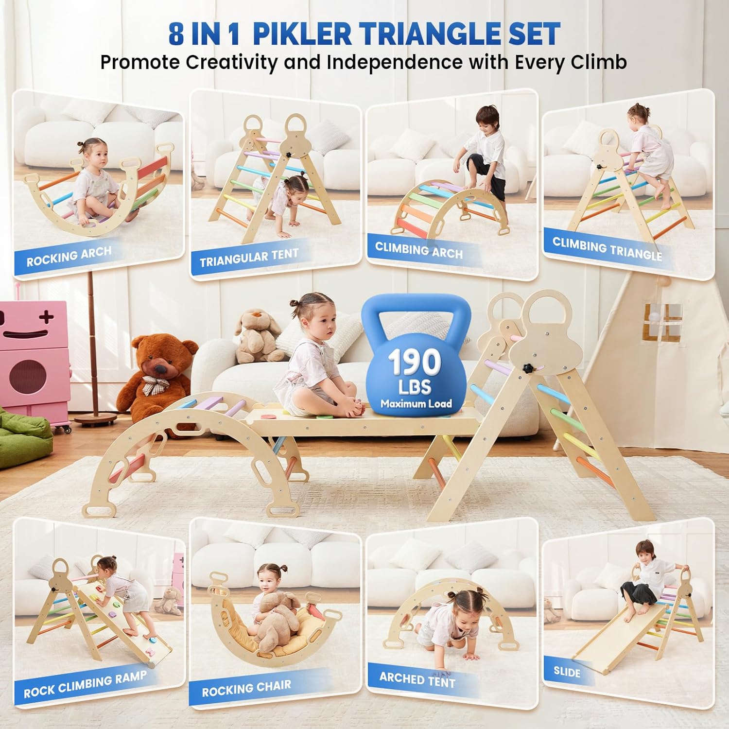 Pikler Triangle Set for Kids, 8 in 1 Colorful Montessori Large Climbing Toys for Toddlers 1-6 Inside with Ramp, Arch and Foldable Triangle, Wooden Child Indoor Playground