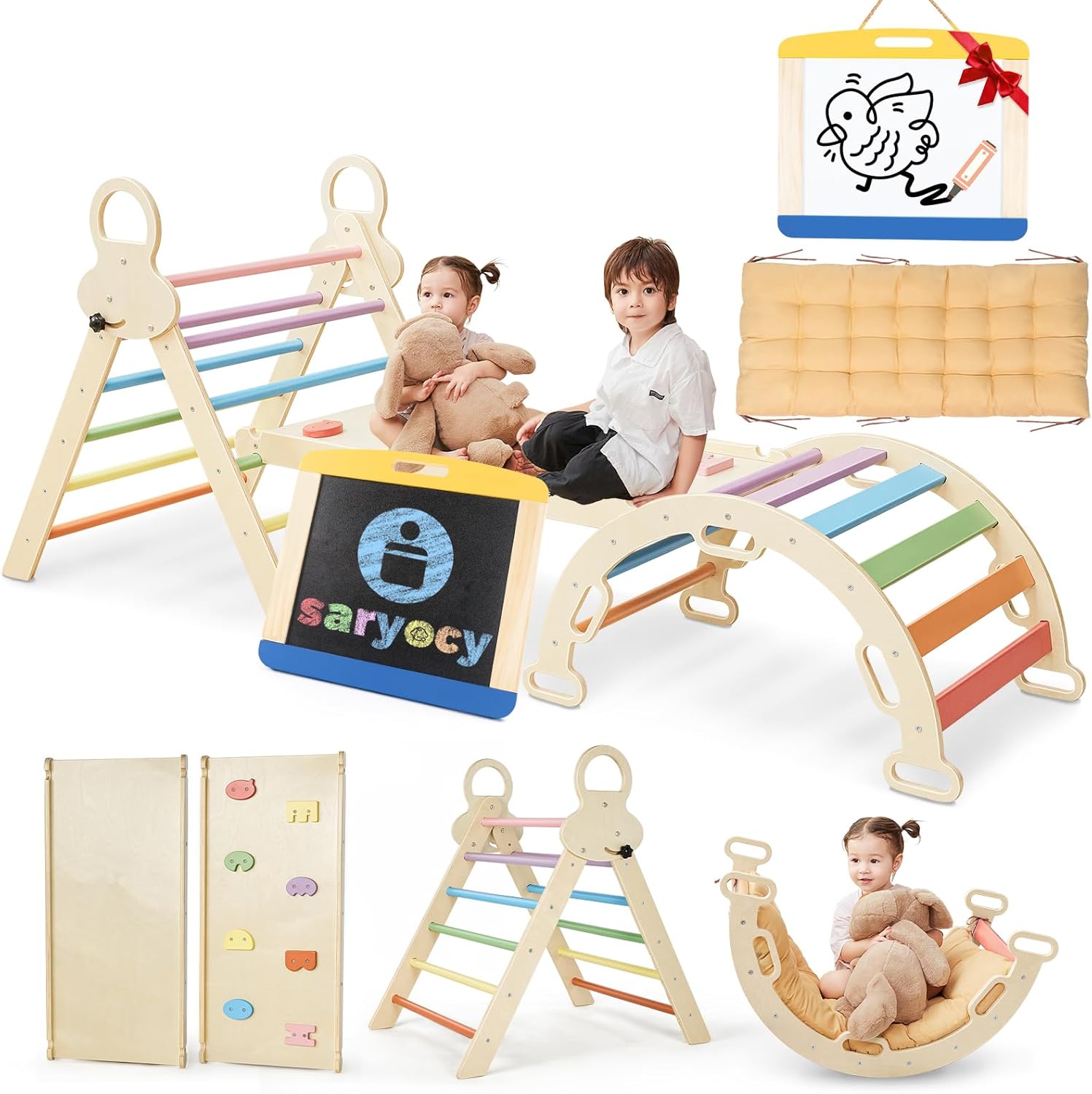 Pikler Triangle Set for Kids, 8 in 1 Colorful Montessori Large Climbing Toys for Toddlers 1-6 Inside with Ramp, Arch and Foldable Triangle, Wooden Child Indoor Playground