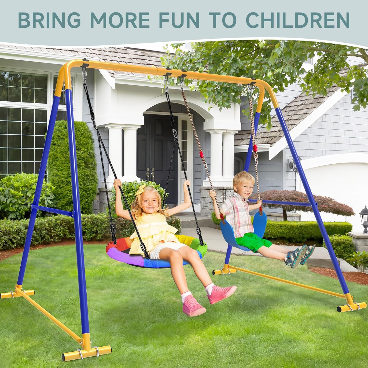 Swing Sets for Backyard, Toddler Swing Set with 2 Seat 1 Saucer  1 Belt Seat, 440lbs Heavy-Duty Swing Frame w/8 Ground Stakes, A Frame Outdoor Swingset for Kids and Adults for Backyard