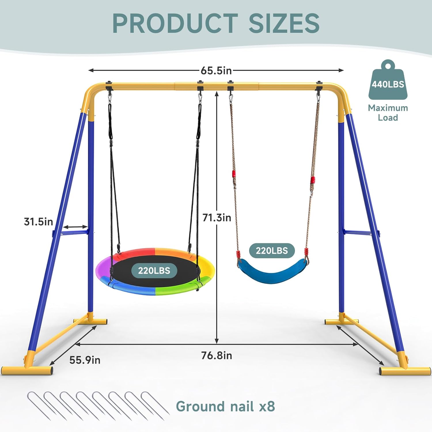 Swing Sets for Backyard, Toddler Swing Set with 2 Seat 1 Saucer  1 Belt Seat, 440lbs Heavy-Duty Swing Frame w/8 Ground Stakes, A Frame Outdoor Swingset for Kids and Adults for Backyard