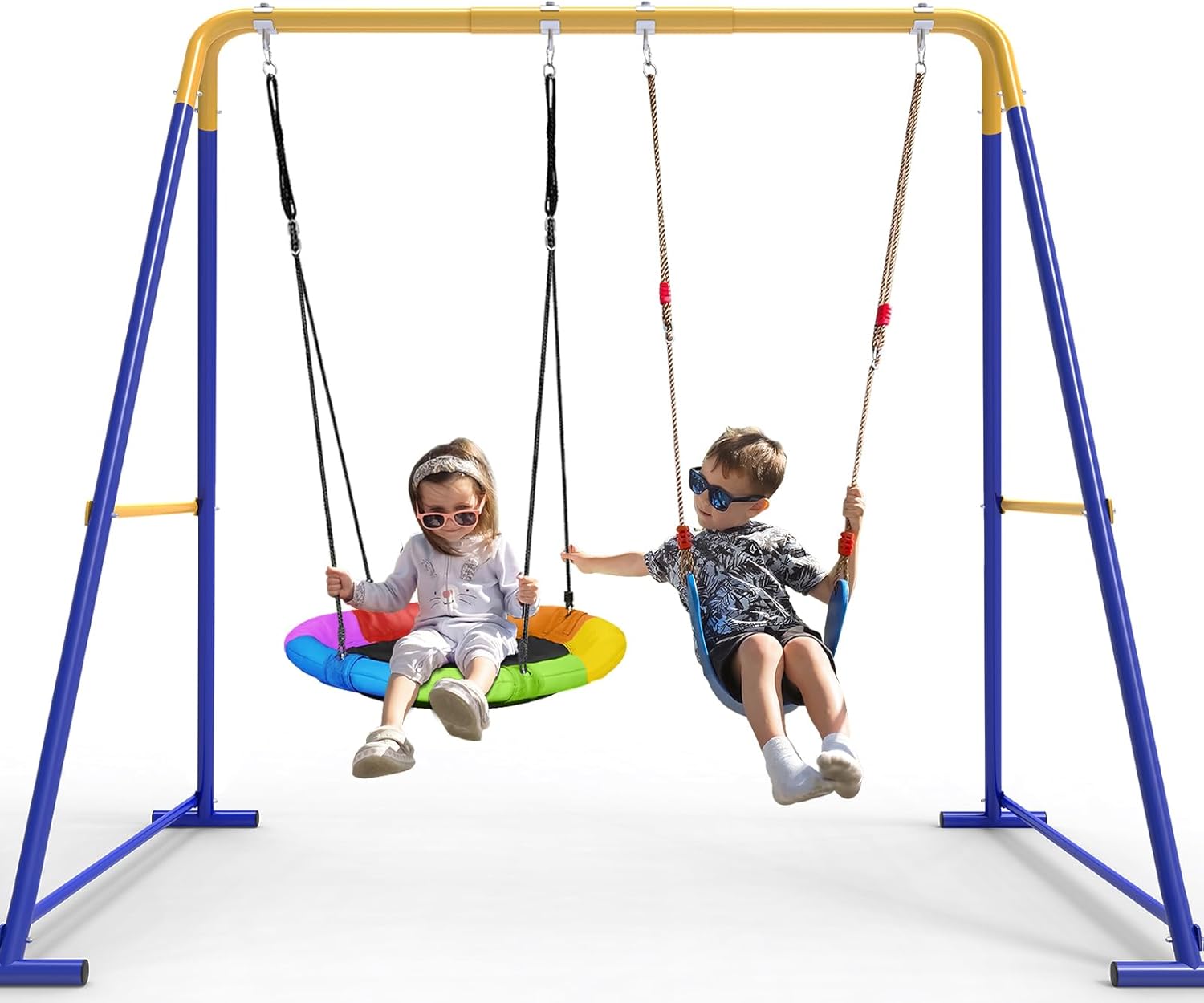 Swing Sets for Backyard, Toddler Swing Set with 2 Seat 1 Saucer  1 Belt Seat, 440lbs Heavy-Duty Swing Frame w/8 Ground Stakes, A Frame Outdoor Swingset for Kids and Adults for Backyard