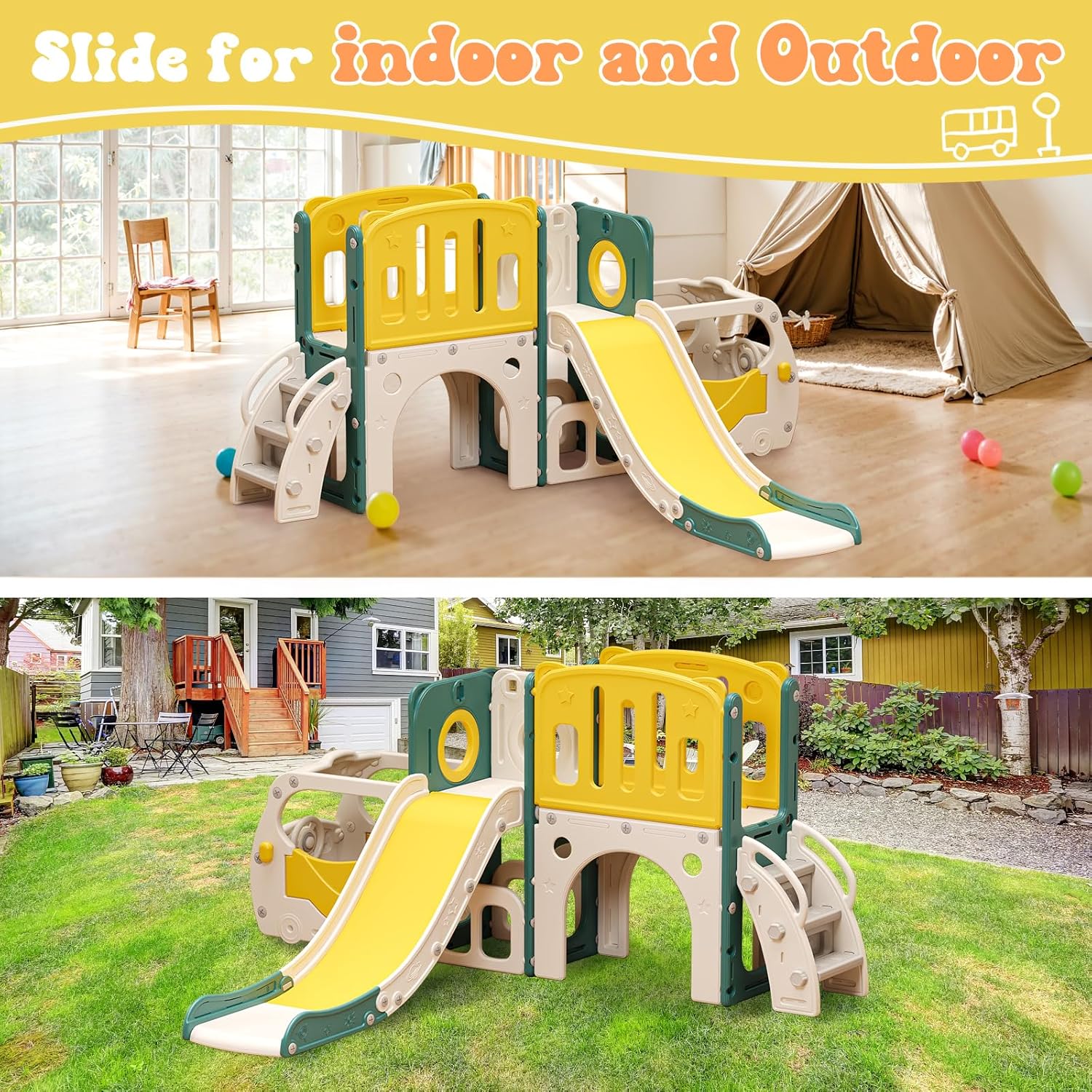 Toddler Slide Kids Slide Playset for Babies Bus Themed Toddler Playground with Climber Baskteball Hoop Indoor Playground Outdoor