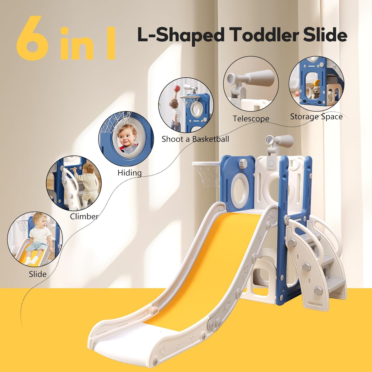 6 in 1 Toddler Playset with Slide,Toddler Slide,Slide for Kids with Basketball Hoop,Ball,Ring Toss,Kids Slide Toddler Playground Toddler Slide Indoor Outdoor Toys
