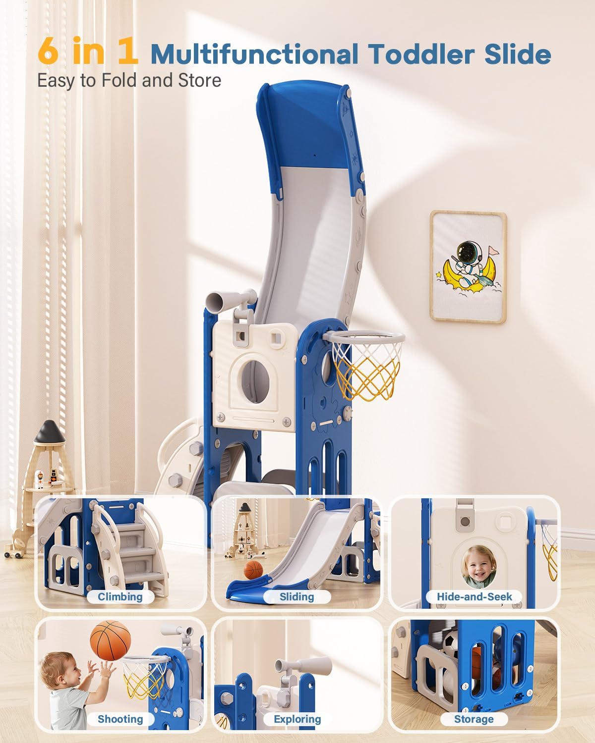 Babytronic Toddler Slide, 6 in 1 Kids Indoor Slide for Toddlers 1-3, Baby Indoor and Outdoor Climber Playset, Kids Slide with Basketball Hoop and Telescope, Toddler Outdoor Playground(WhiteGray) Babytronic Toddler Slide, 6 in 1 Kids Indoor Slide for Toddlers 1-3, Baby Indoor and Outdoor Climber Playset, Kids Slide with Basketball Hoop and Telescope, Toddler Outdoor Playground(WhiteGray)