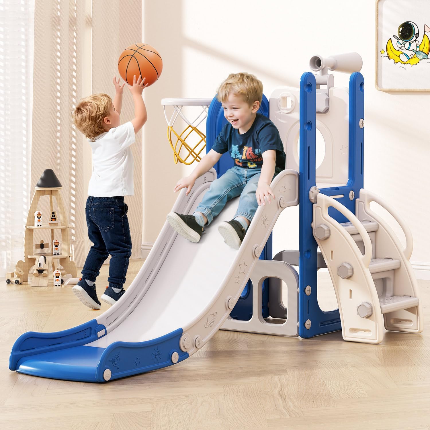 Babytronic Toddler Slide, 6 in 1 Kids Indoor Slide for Toddlers 1-3, Baby Indoor and Outdoor Climber Playset, Kids Slide with Basketball Hoop and Telescope, Toddler Outdoor Playground(WhiteGray) Babytronic Toddler Slide, 6 in 1 Kids Indoor Slide for Toddlers 1-3, Baby Indoor and Outdoor Climber Playset, Kids Slide with Basketball Hoop and Telescope, Toddler Outdoor Playground(WhiteGray)