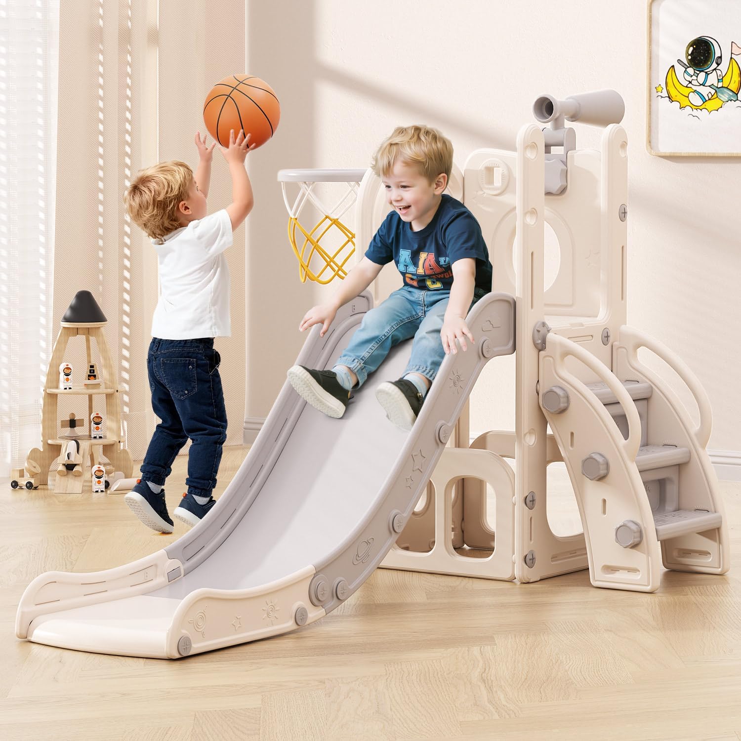 Babytronic Toddler Slide, 6 in 1 Kids Indoor Slide for Toddlers 1-3, Baby Indoor and Outdoor Climber Playset, Kids Slide with Basketball Hoop and Telescope, Toddler Outdoor Playground(WhiteGray) Babytronic Toddler Slide, 6 in 1 Kids Indoor Slide for Toddlers 1-3, Baby Indoor and Outdoor Climber Playset, Kids Slide with Basketball Hoop and Telescope, Toddler Outdoor Playground(WhiteGray)