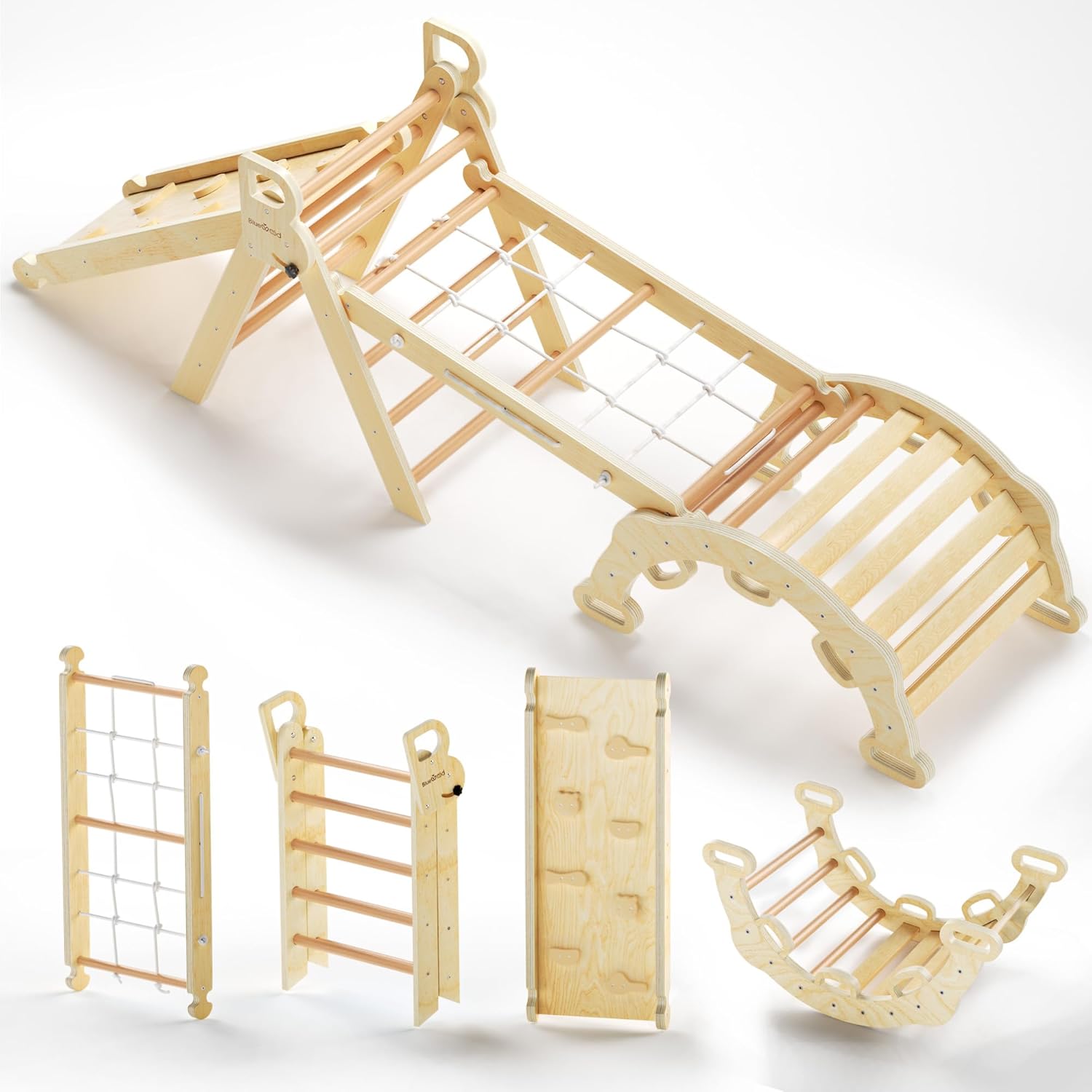 BlueWood Pikler Triangle Set 7in1 Foldable Baby Climbing Toys Wooden Montessori Climbing Set with ArchRampLadder Baby Climber Indoor Jungle Gyms for Toddlers Montessori Toys - Rainbow