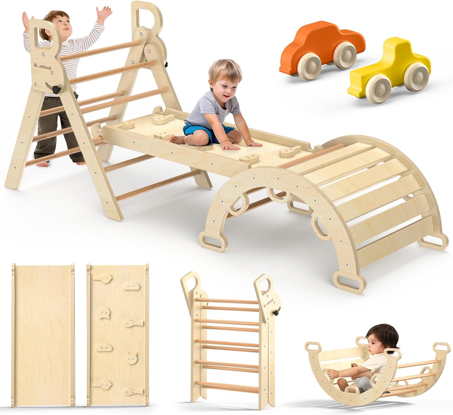 BlueWood Pikler Triangle Set 7in1 Foldable Baby Climbing Toys Wooden Montessori Climbing Set with ArchRampLadder Baby Climber Indoor Jungle Gyms for Toddlers Montessori Toys - Rainbow