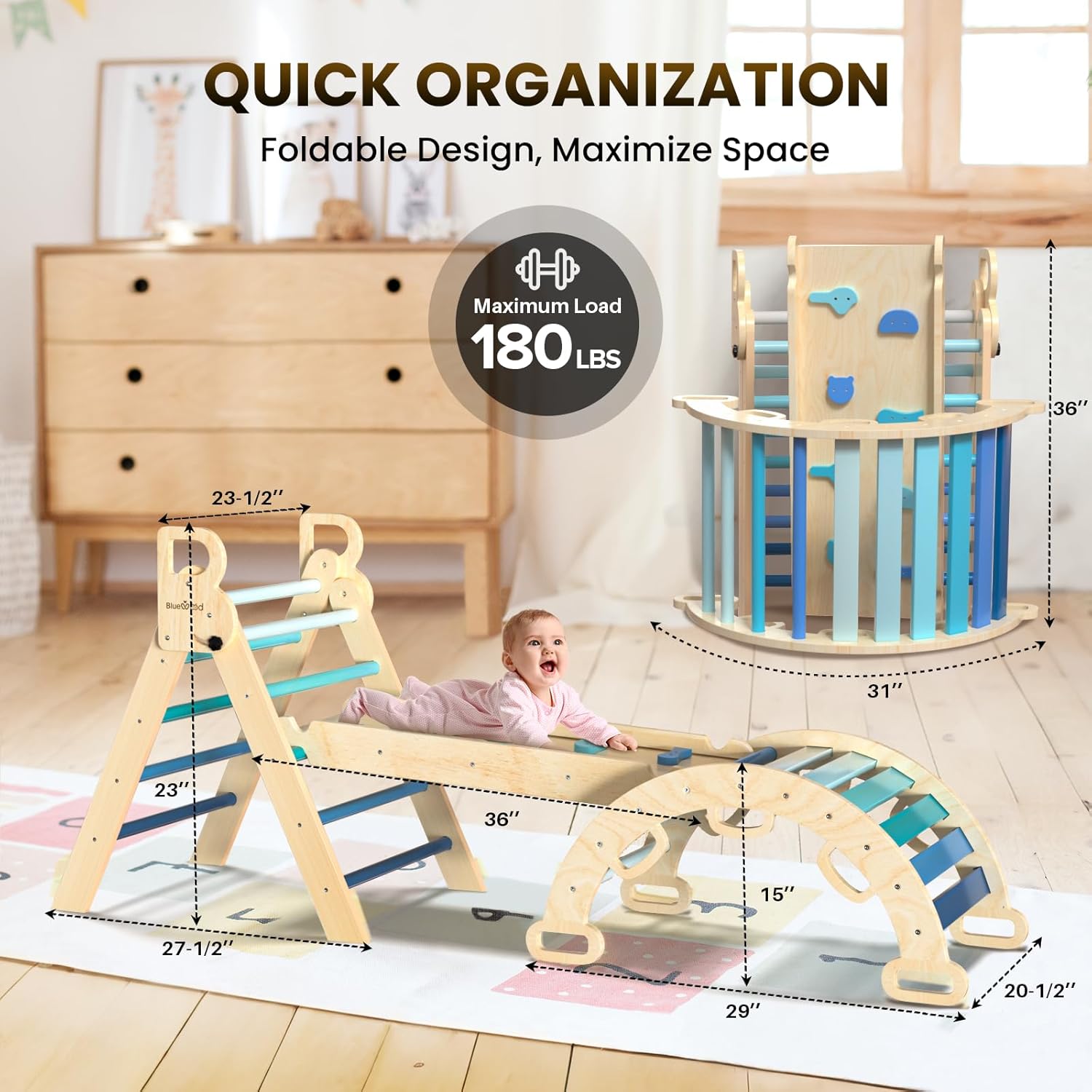BlueWood Pikler Triangle Set 7in1 Foldable Baby Climbing Toys Wooden Montessori Climbing Set with ArchRampLadder Baby Climber Indoor Jungle Gyms for Toddlers Montessori Toys - Rainbow