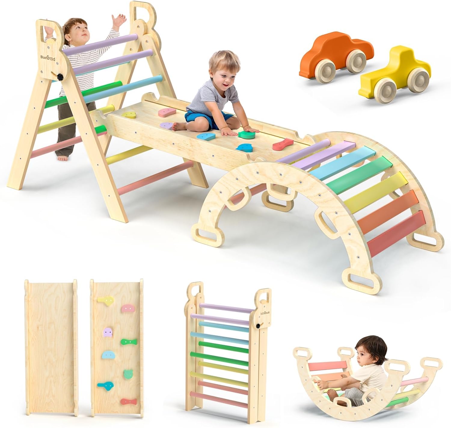 BlueWood Pikler Triangle Set 7in1 Foldable Baby Climbing Toys Wooden Montessori Climbing Set with ArchRampLadder Baby Climber Indoor Jungle Gyms for Toddlers Montessori Toys - Rainbow