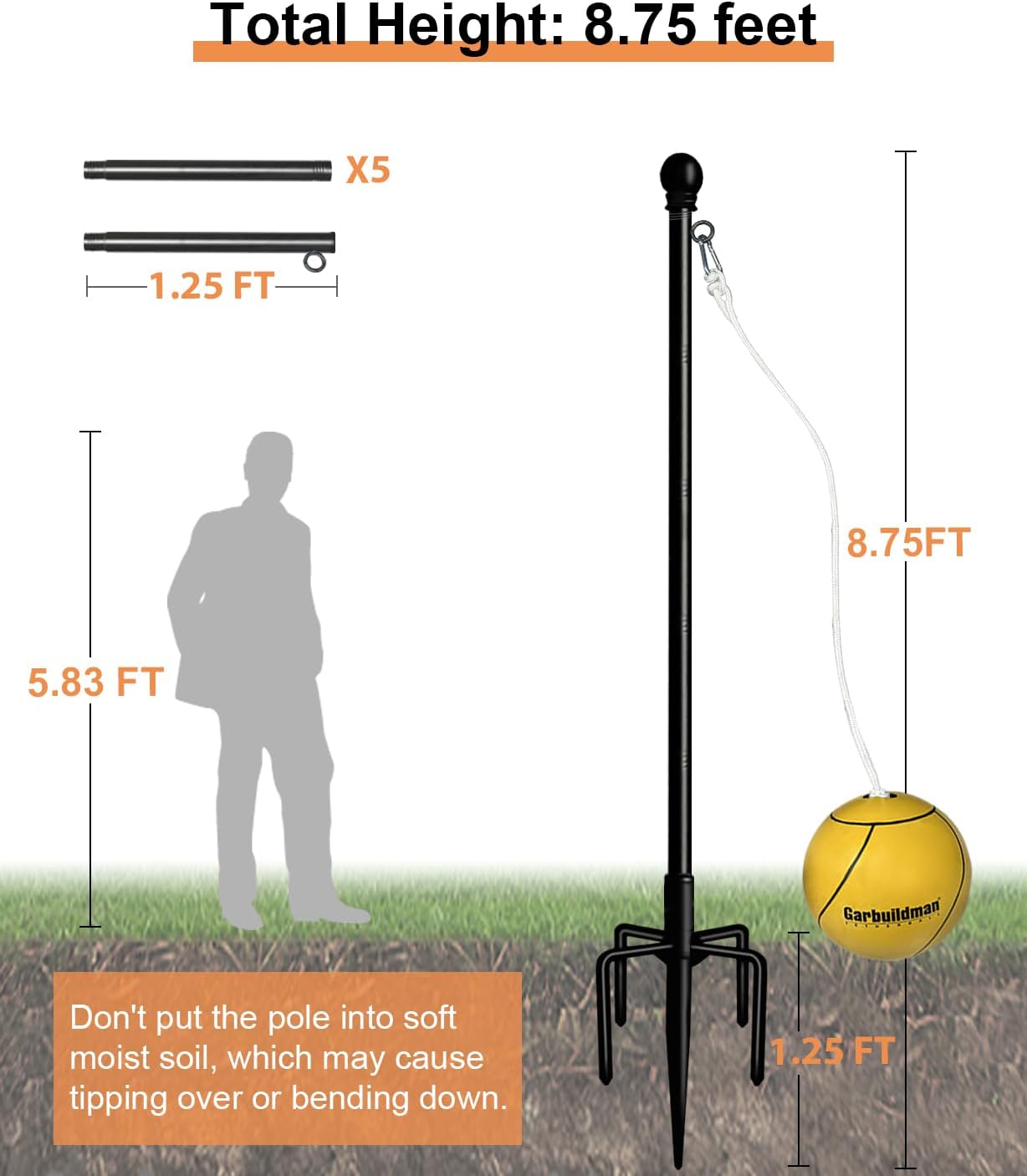Garbuildman Tetherball Set with Ball  Rope for Outdoor Backyard, Adjustable Tether Ball Pole with Reinforced 5-Prong Base for Playground, Outside Ball Games Sports for Kids  Adults, Black