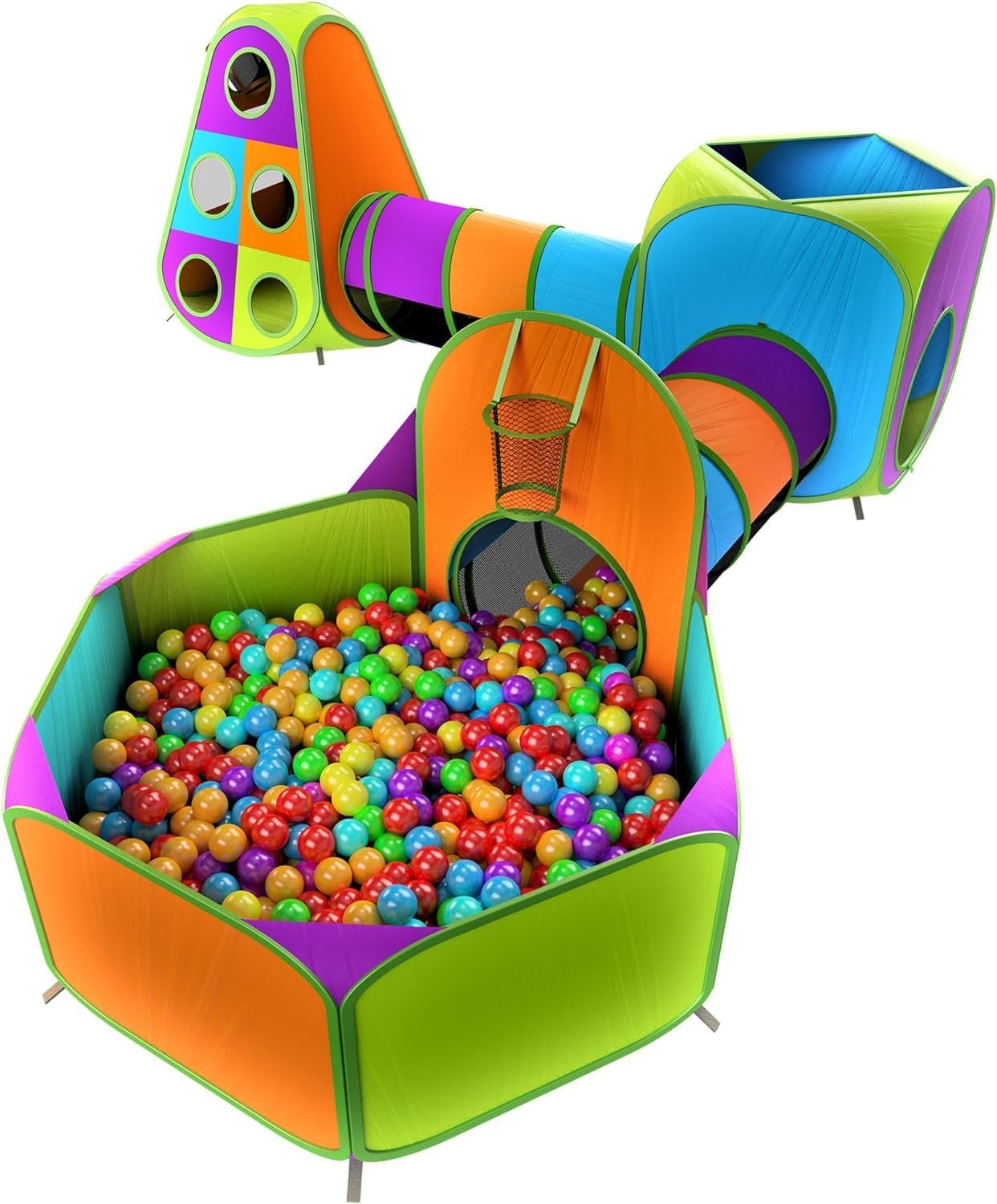 Playz 5pc Kids Play Tents  Tunnels - Ball Pit for Toddlers, Basketball Hoop, Crawling Tubes, Pop-Up Playhouses, Baby Obstacle Course for Indoor or Outdoor Use