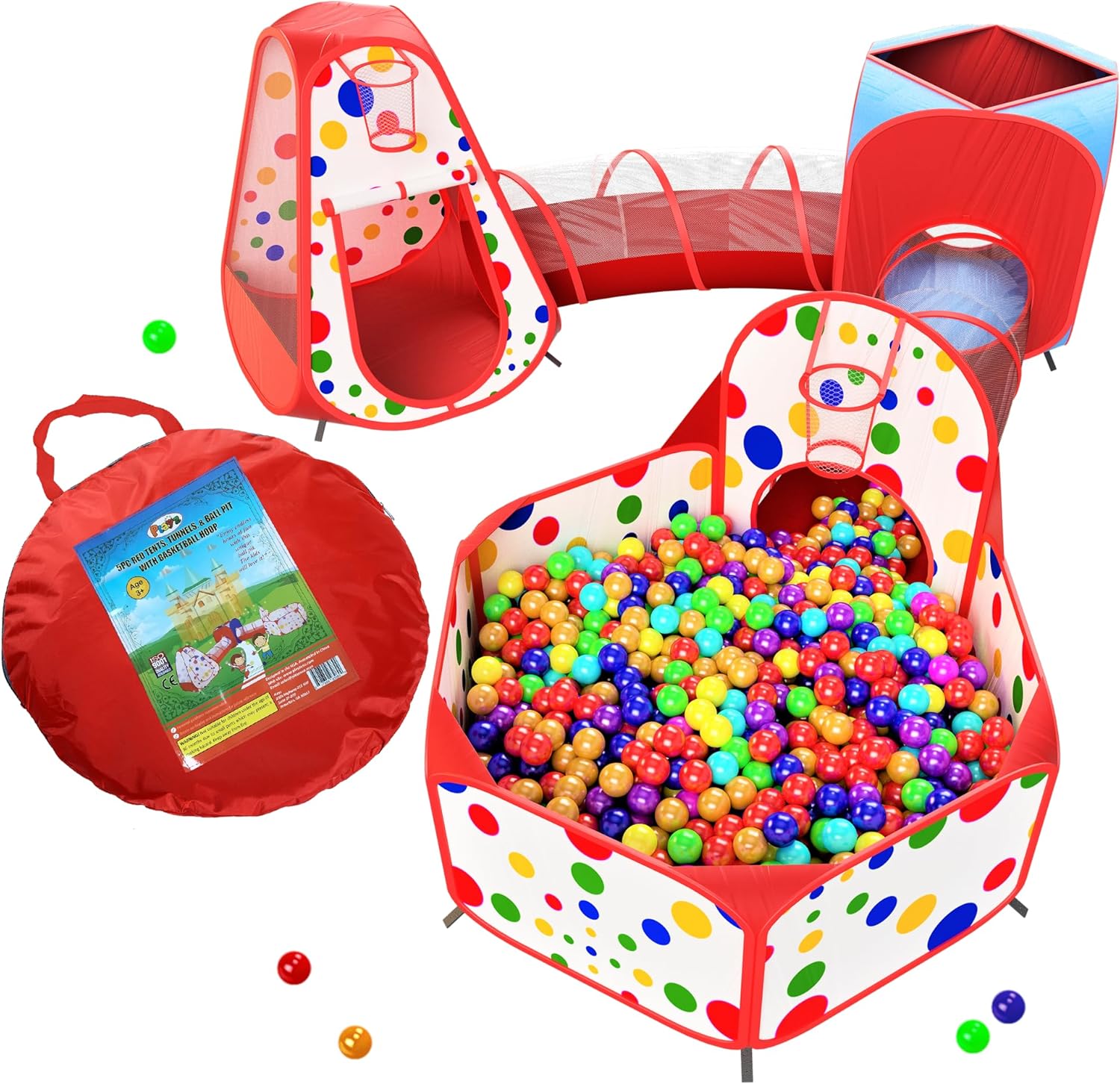Playz 5pc Kids Play Tents  Tunnels - Ball Pit for Toddlers, Basketball Hoop, Crawling Tubes, Pop-Up Playhouses, Baby Obstacle Course for Indoor or Outdoor Use
